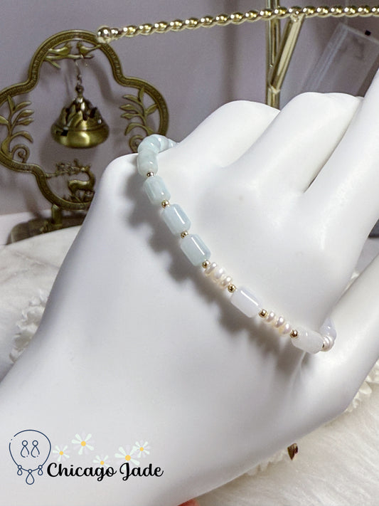 Natural Grade A Type A Burma Jadeite Jade Feicui Beads with Freshwater Pearl Handmade Adjustable Bracelet