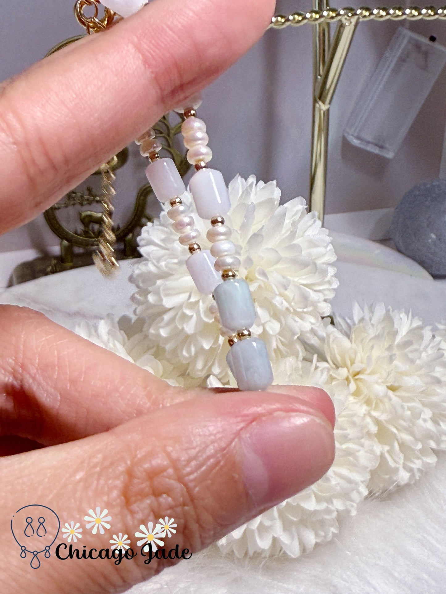 Natural Grade A Type A Burma Jadeite Jade Feicui Beads with Freshwater Pearl Handmade Adjustable Bracelet