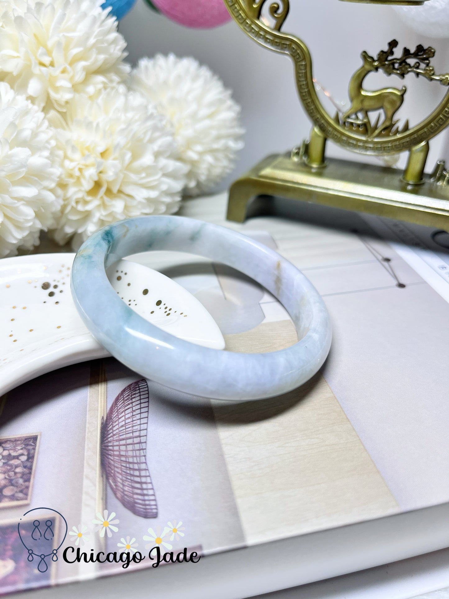 57.9mm Size M Flat Inside Moonlight Base with Floating Green Flowers Natural Jadeite Jade Feicui Bangle