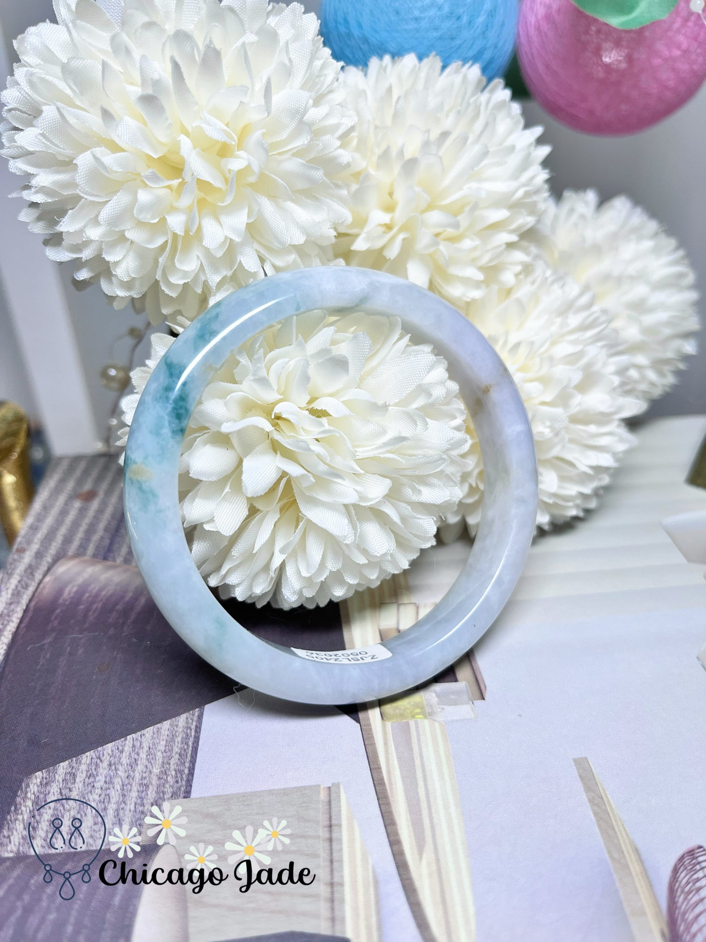 57.9mm Size M Flat Inside Moonlight Base with Floating Green Flowers Natural Jadeite Jade Feicui Bangle