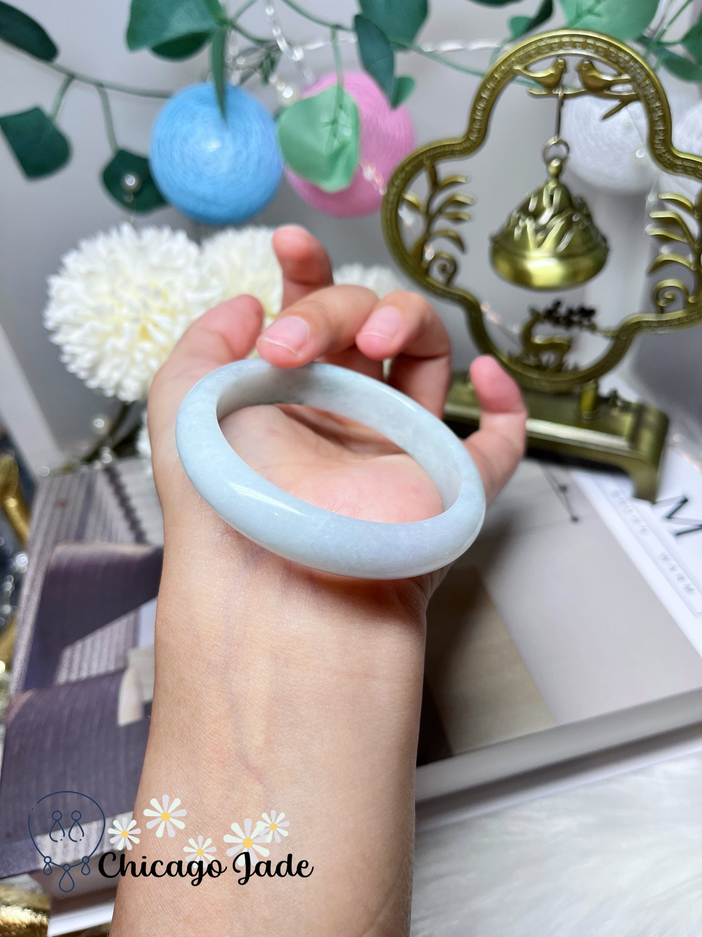 53.7mm Size S Flat Inside Moonlight White Base with Blue Green Floating Flower Natural Jadeite Jade Feicui Bangle