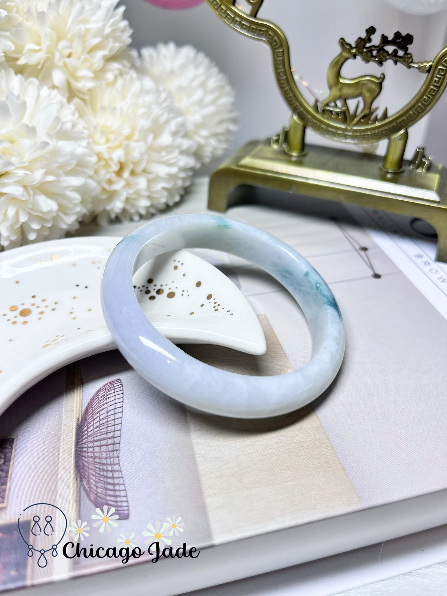 53.7mm Size S Flat Inside Moonlight White Base with Blue Green Floating Flower Natural Jadeite Jade Feicui Bangle