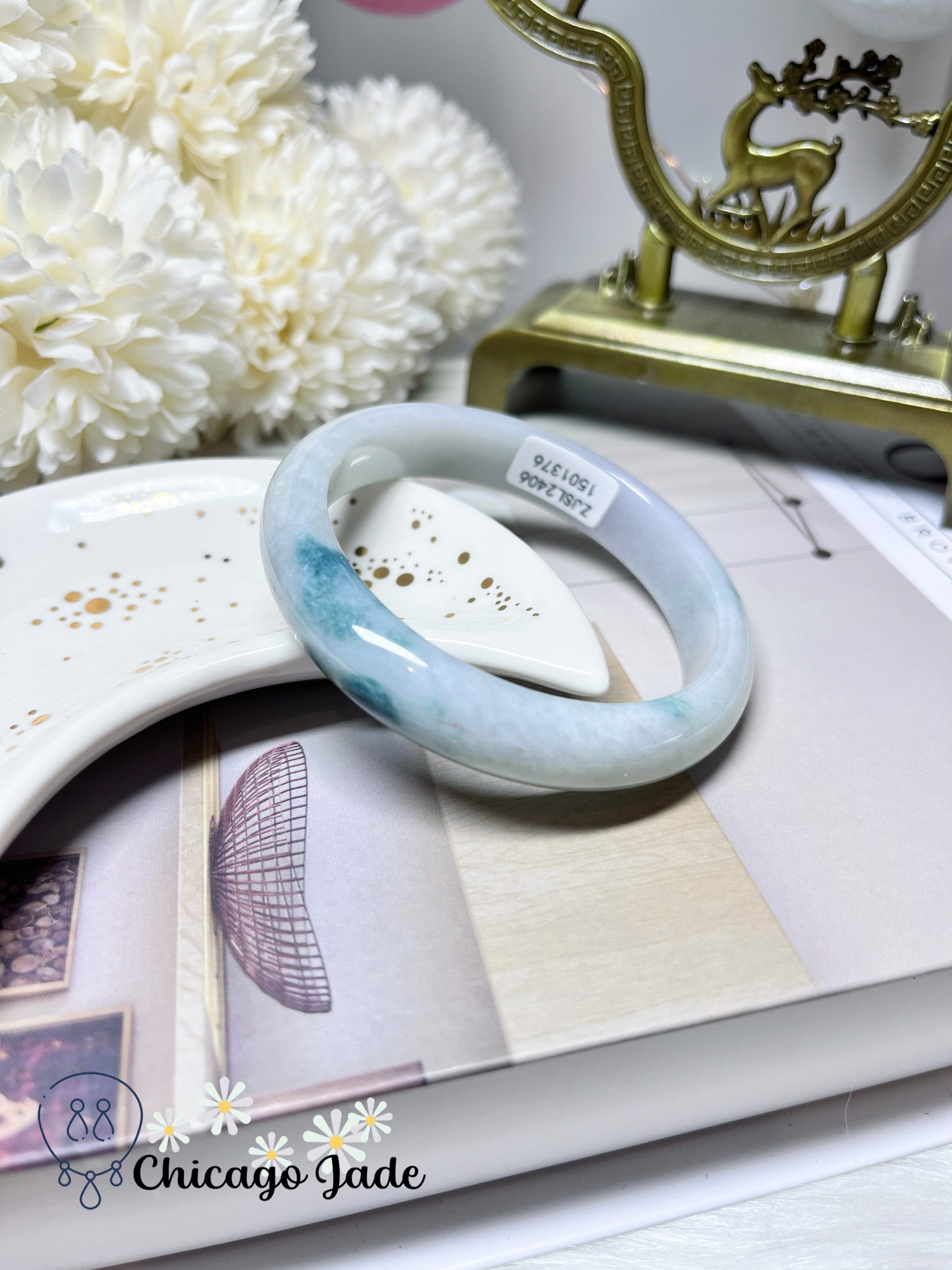 53.7mm Size S Flat Inside Moonlight White Base with Blue Green Floating Flower Natural Jadeite Jade Feicui Bangle