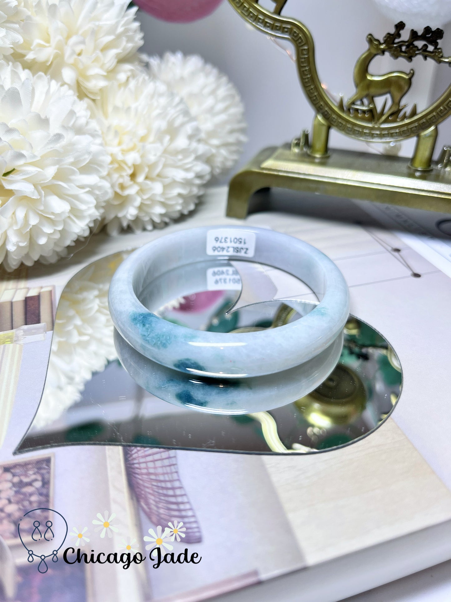 53.7mm Size S Flat Inside Moonlight White Base with Blue Green Floating Flower Natural Jadeite Jade Feicui Bangle