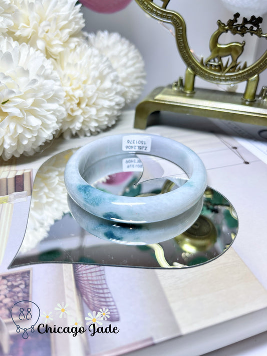 53.7mm Size S Flat Inside Moonlight White Base with Blue Green Floating Flower Natural Jadeite Jade Feicui Bangle