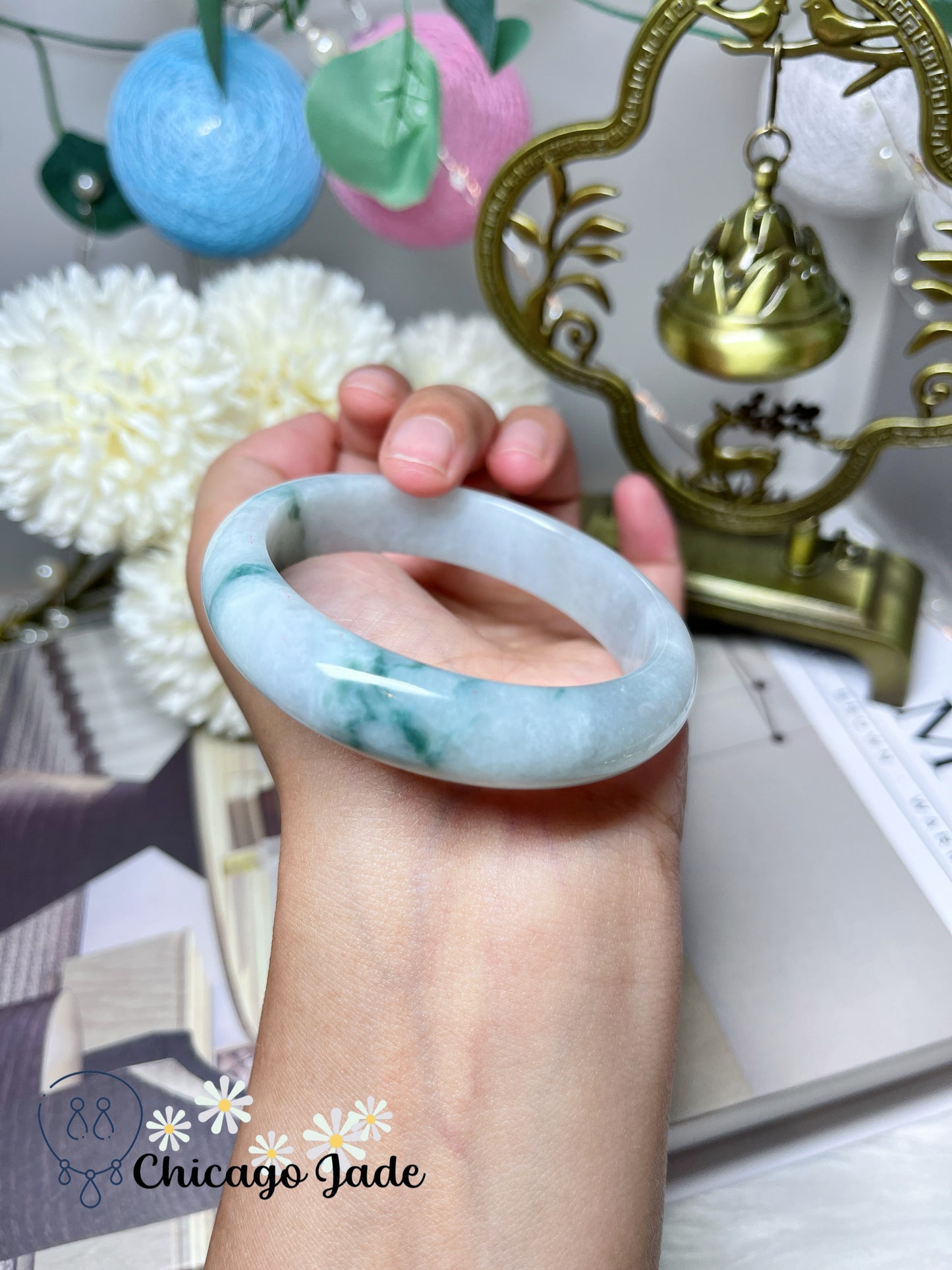 53.7mm Size S Flat Inside Moonlight White Base with Floating Blue Flower Natural Jadeite Jade Feicui Bangle