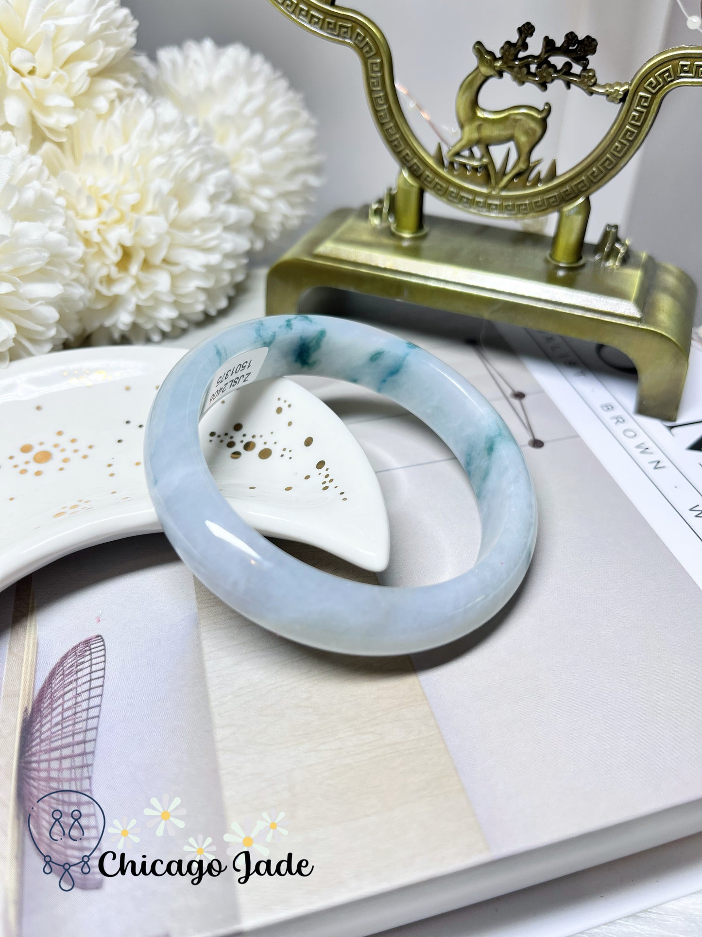 53.7mm Size S Flat Inside Moonlight White Base with Floating Blue Flower Natural Jadeite Jade Feicui Bangle