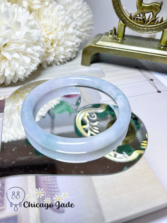 57.8mm Size M Round Moonlight White Icy Base with Floating Green Floating Flower Natural Jadeite Jade Feicui Bangle