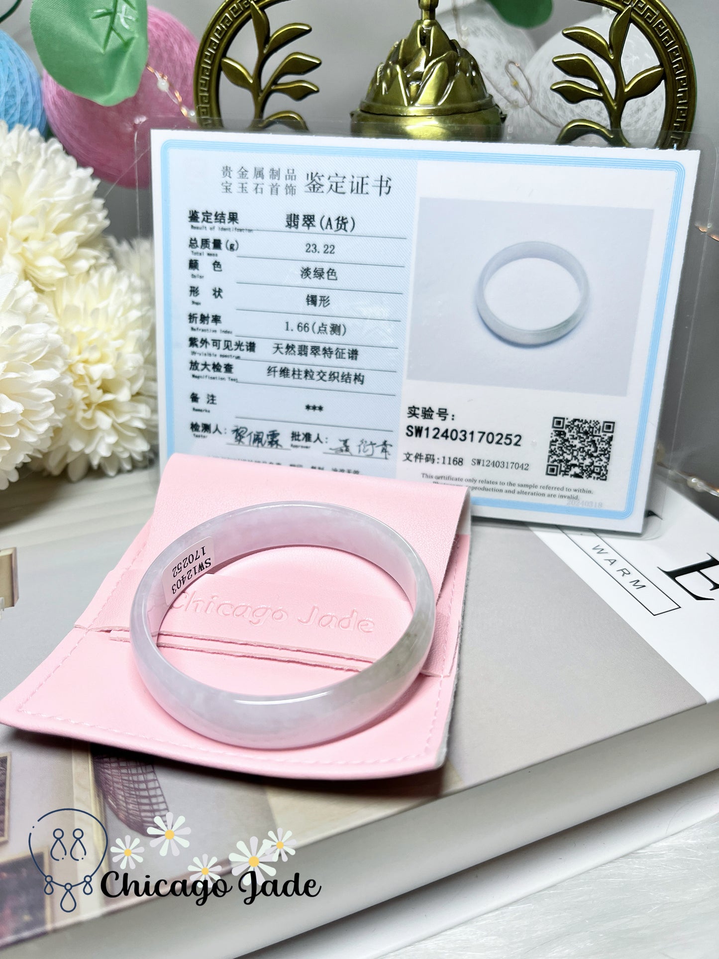 51.9mm Size XS Icy Pink Base with Light Yellow Green Highlight Flat Inside Princess Style Natural Jadeite Jade Feicui Bangle