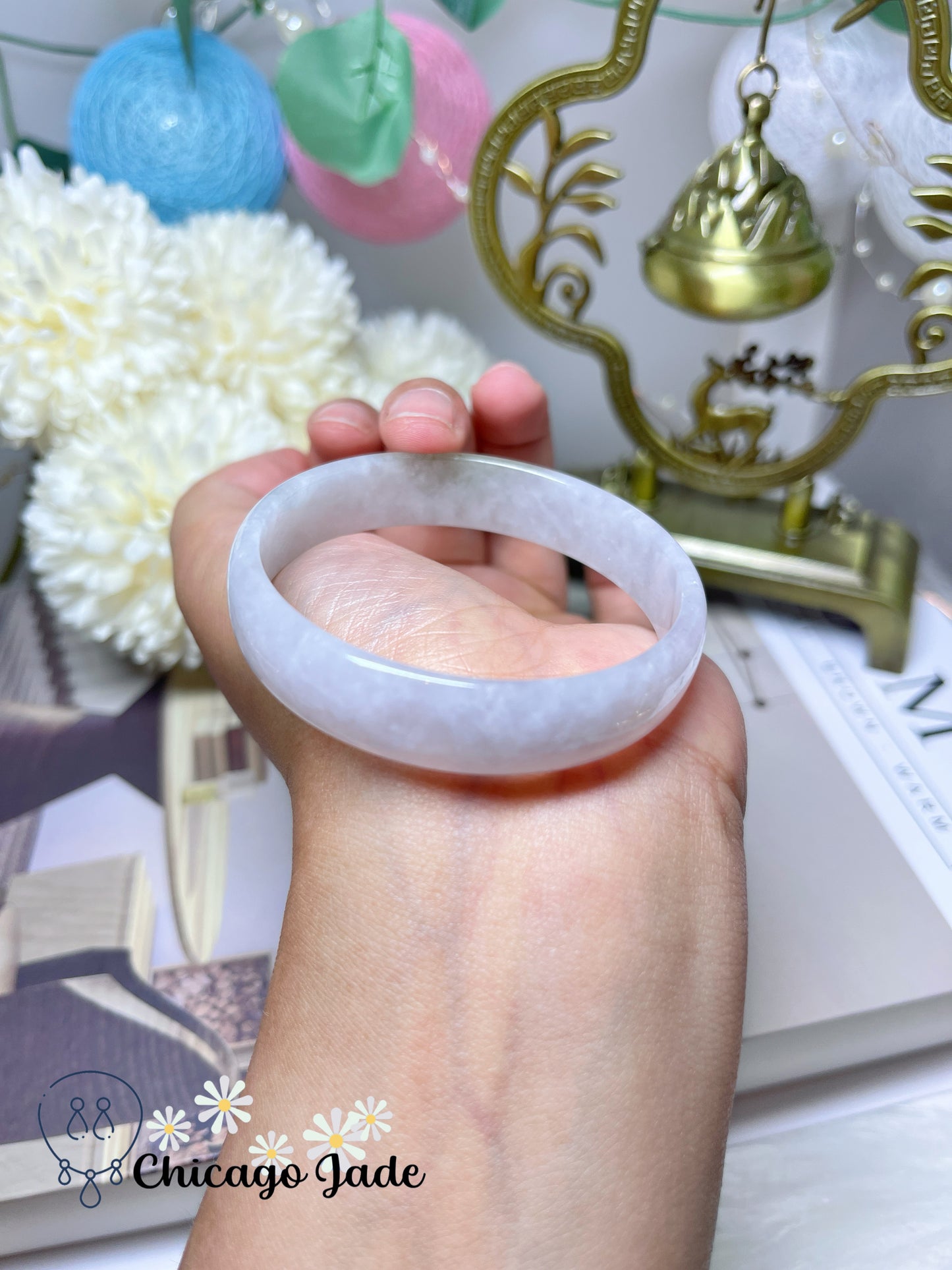 51.9mm Size XS Icy Pink Base with Light Yellow Green Highlight Flat Inside Princess Style Natural Jadeite Jade Feicui Bangle