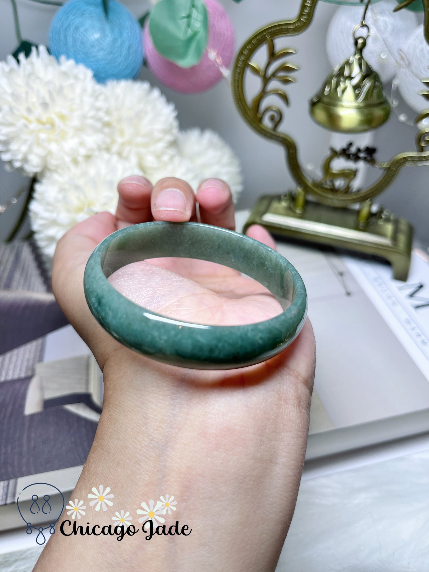 52.6mm Size XS Full Dark Green Flat Inside Dainty Princess Style Natural Jadeite Jade Feicui Bangle