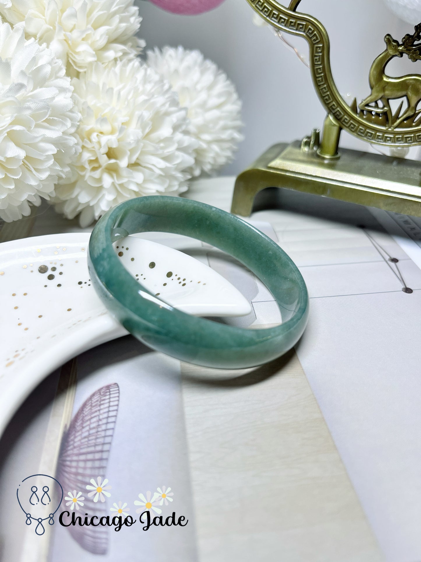 52.6mm Size XS Full Dark Green Flat Inside Dainty Princess Style Natural Jadeite Jade Feicui Bangle