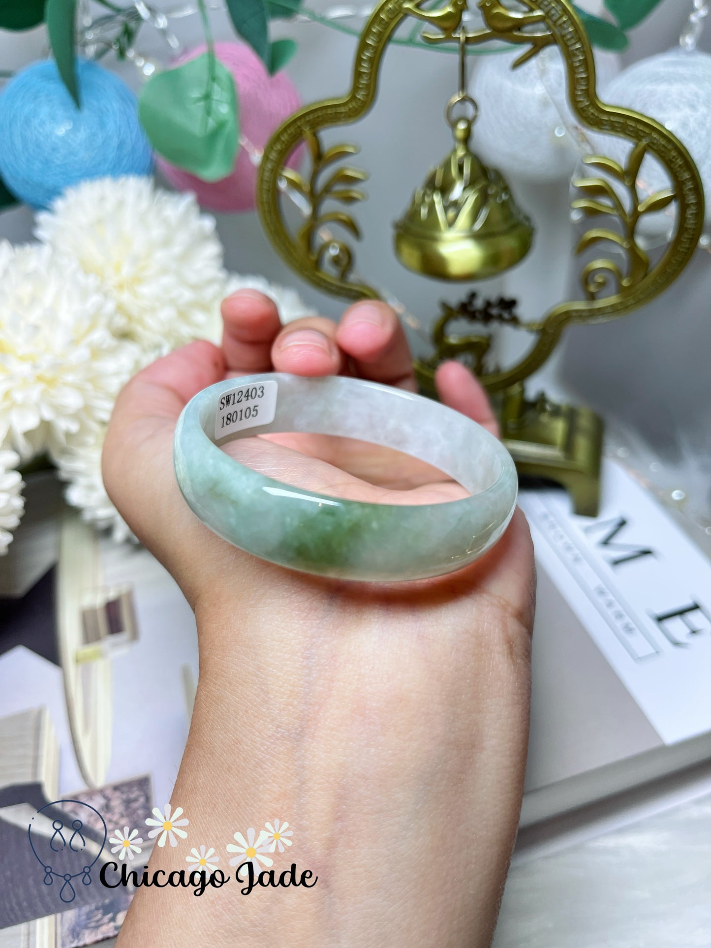 50.6mm Size XS Light Green Base with Darker Green Highlights Flat Inside Dainty Princess Style Natural Jadeite Jade Feicui Bangle