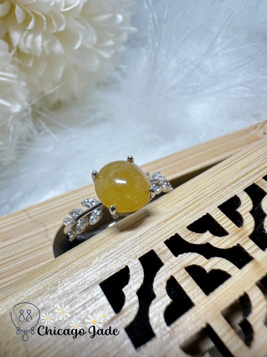 Royal yellow round jadeite jade feicui stone on sterling silver setting adjustable band natural certified