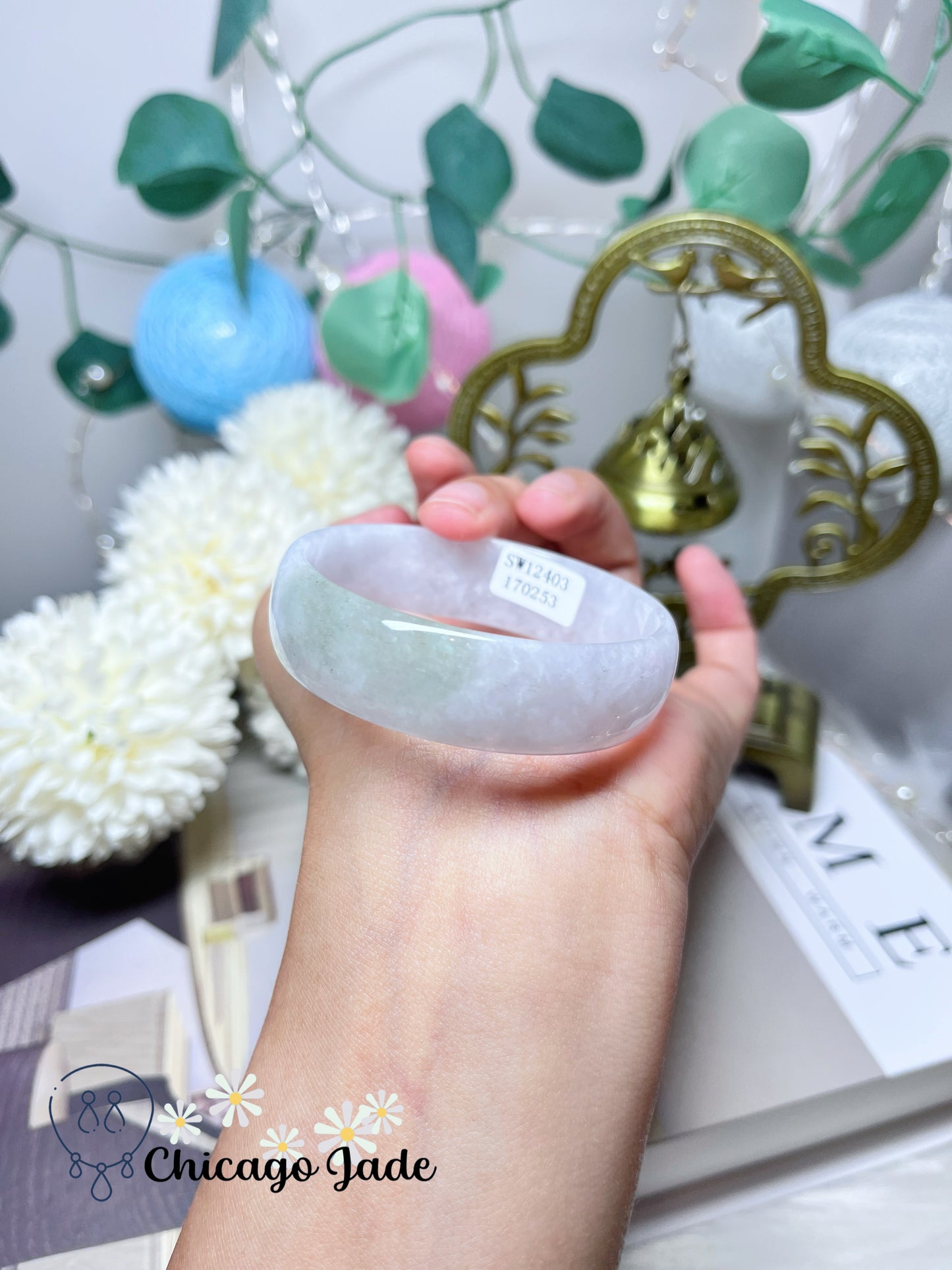 51.8mm Size XS Icy Moonlight White Wide Flat Inside Natural Jadeite Jade Feicui Bangle