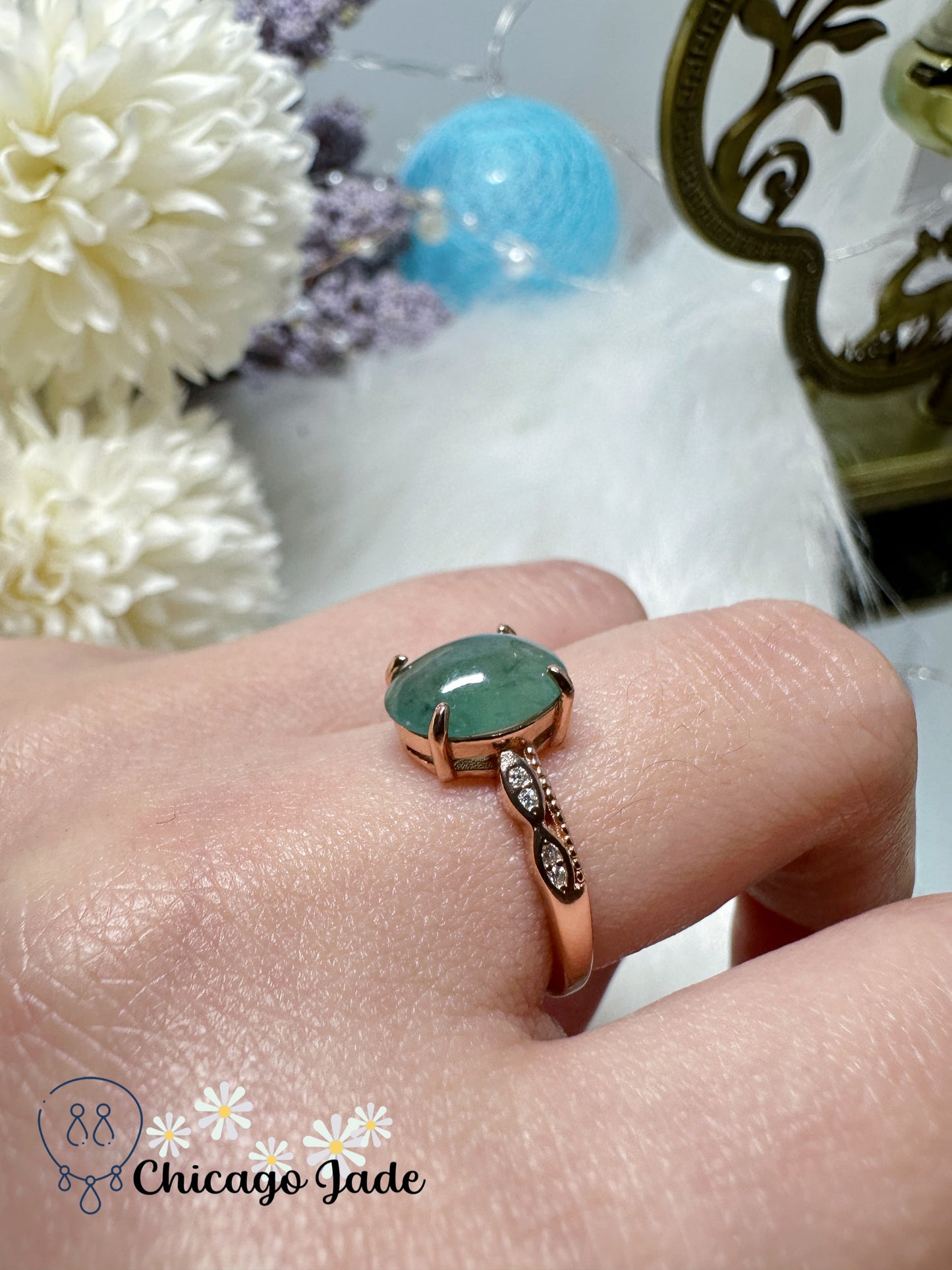 Blue green translucent oval jadeite jade feicui stone on sterling silver adjustable ring certified