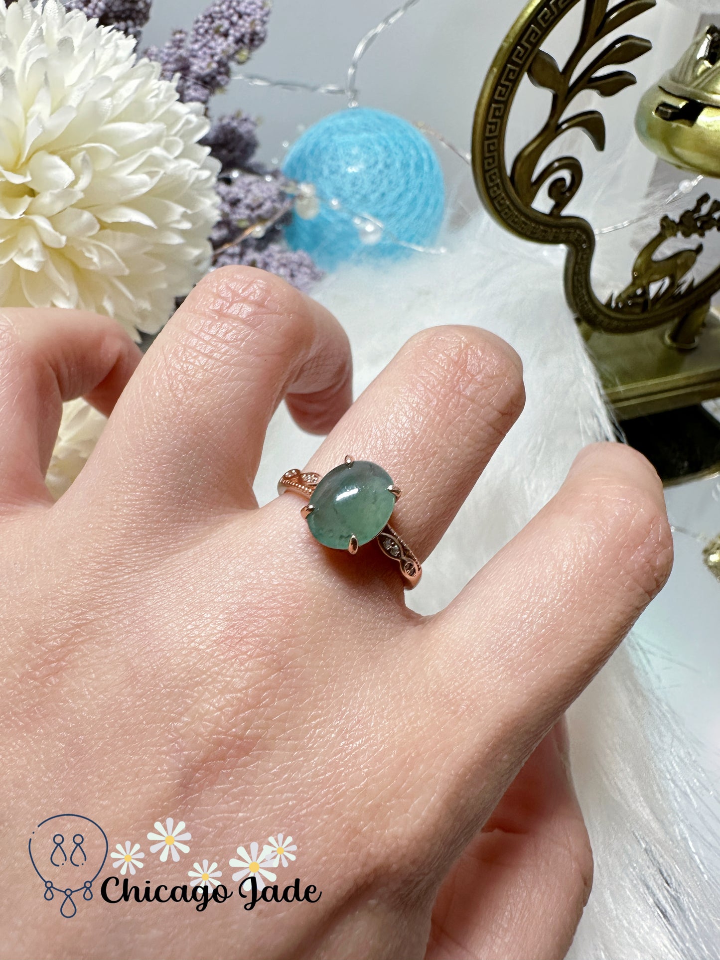 Blue green translucent oval jadeite jade feicui stone on sterling silver adjustable ring certified