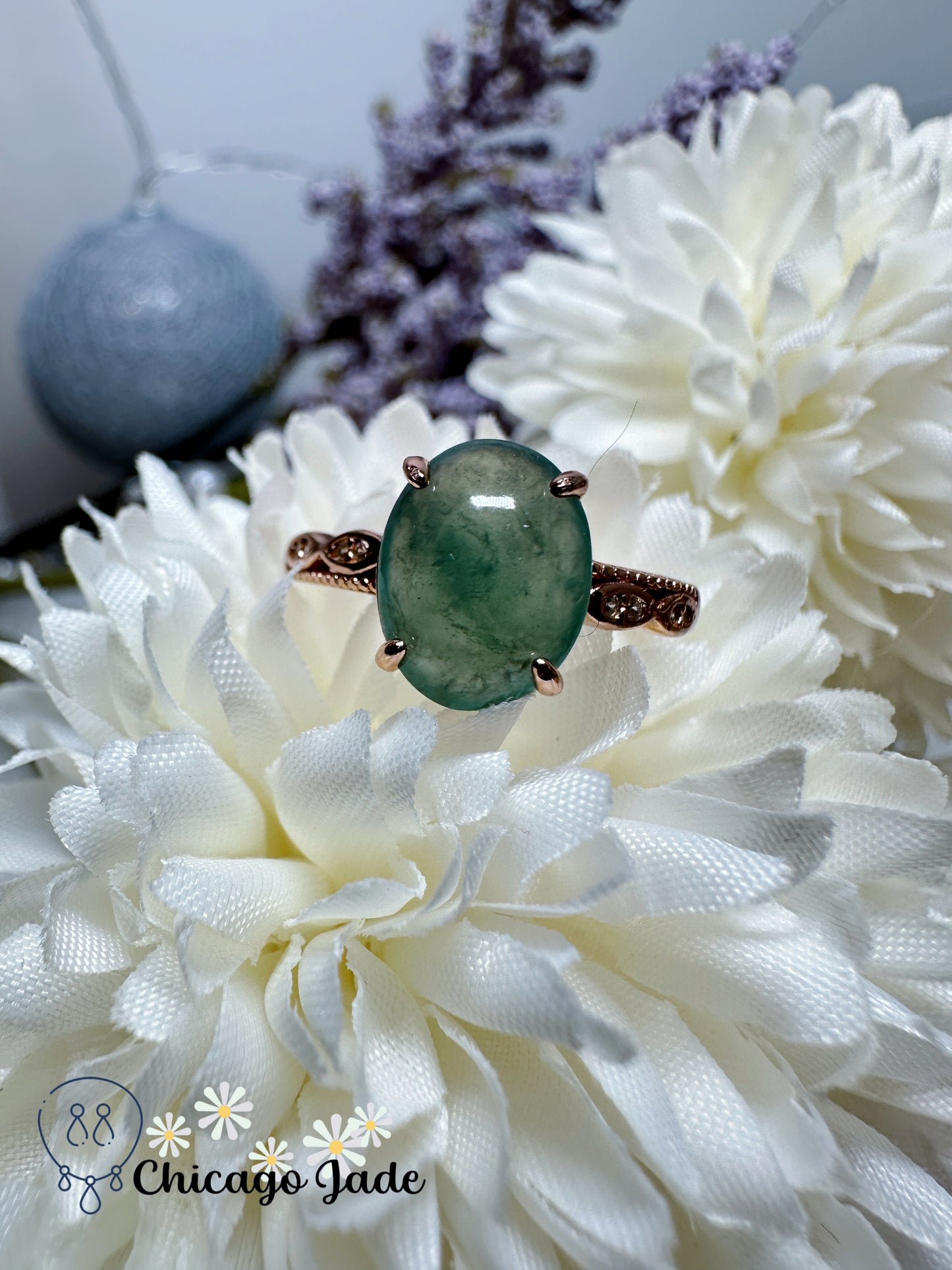 Blue green translucent oval jadeite jade feicui stone on sterling silver adjustable ring certified