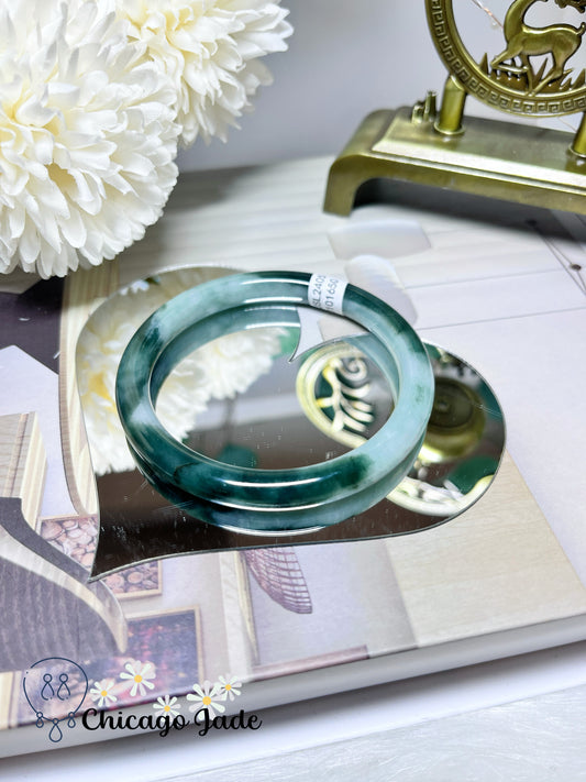 56mm Size M Light Green Base with Dark Green Highlights Natural Round Jadeite Jade Feicui Bangle