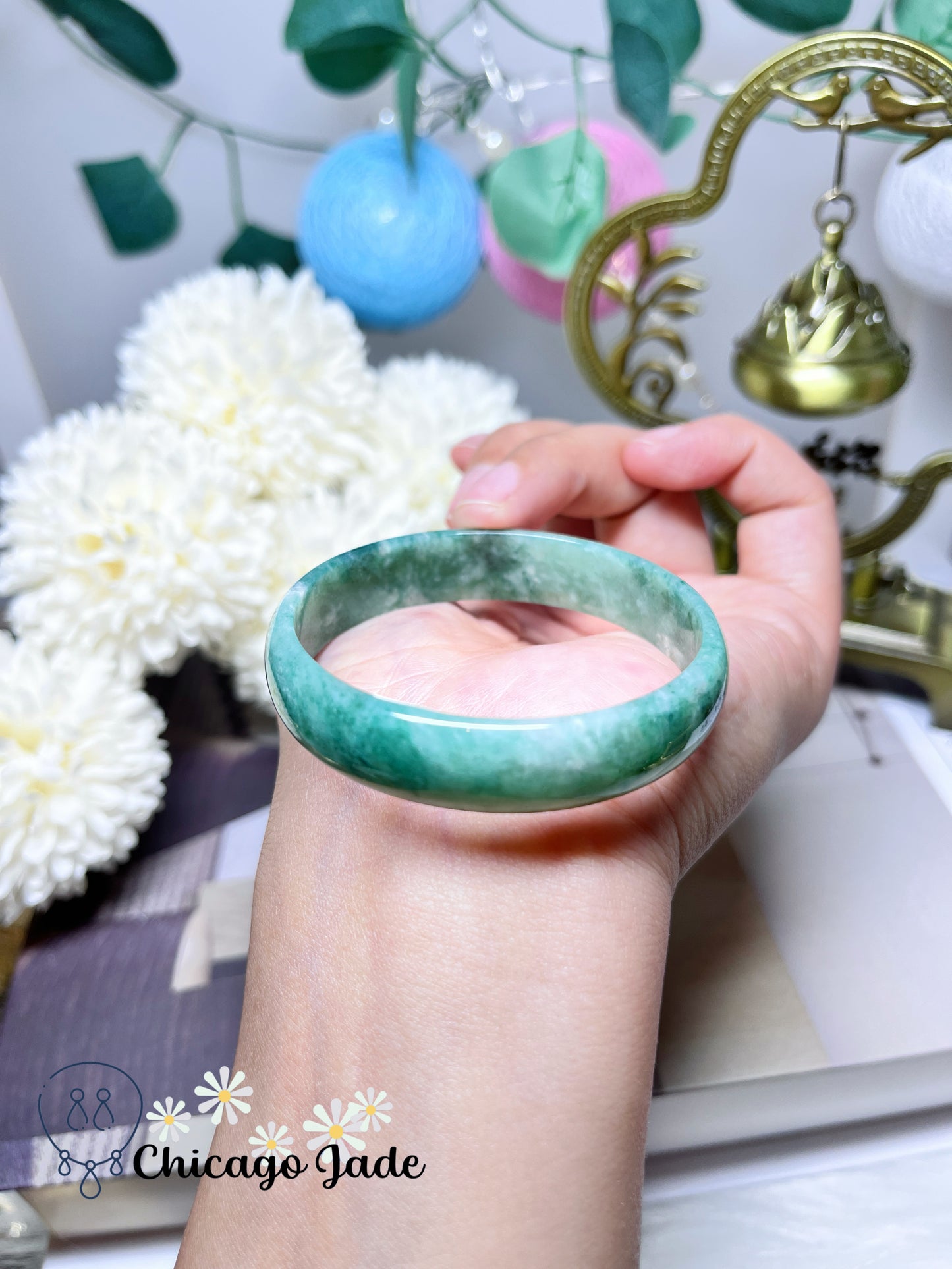 51.3mm Size XS Full Green with Darker Green Flower Flat Inside Dainty Princess Style Natural Jadeite Jade Feicui Bangle