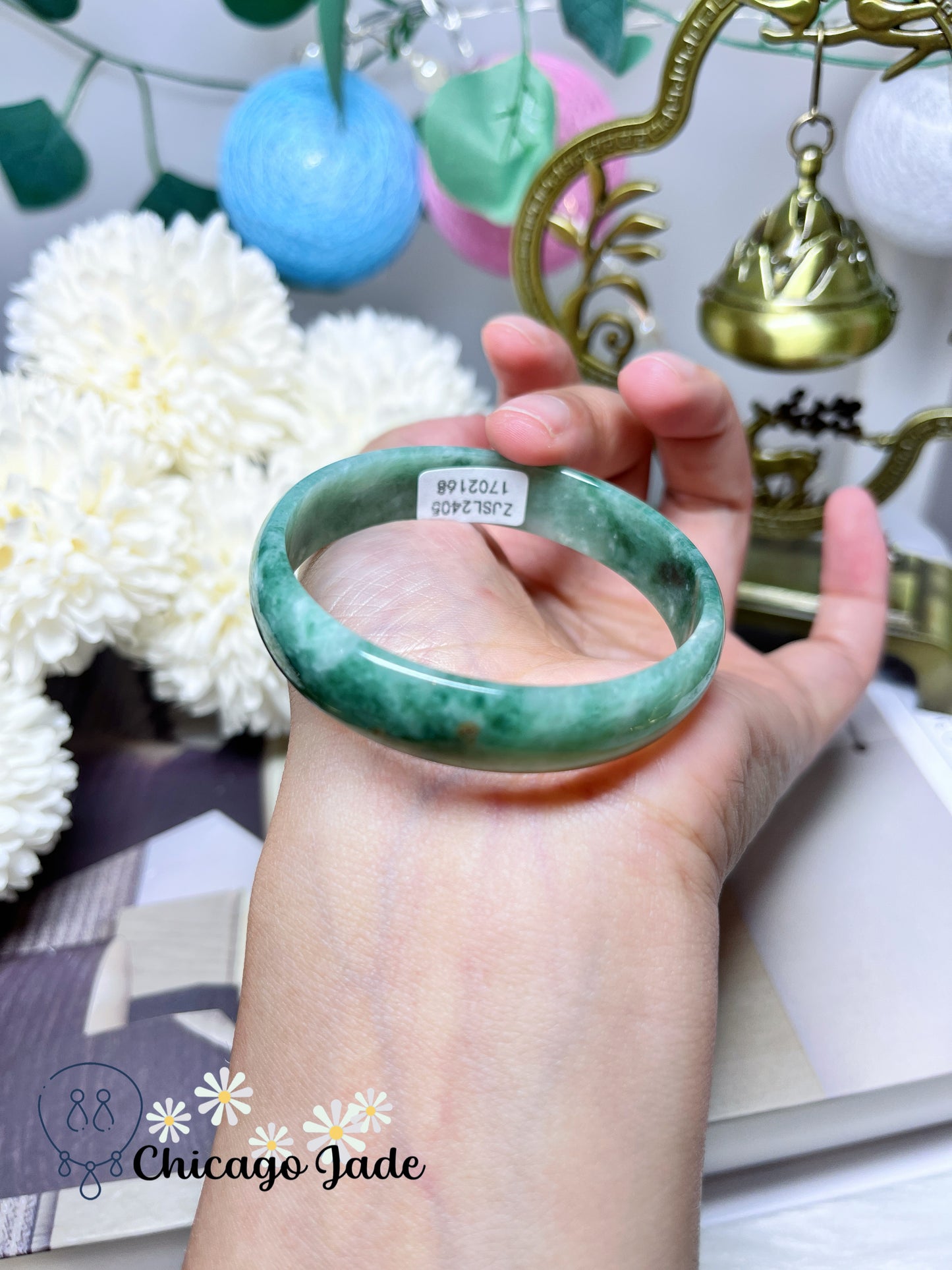 51.3mm Size XS Full Green with Darker Green Flower Flat Inside Dainty Princess Style Natural Jadeite Jade Feicui Bangle