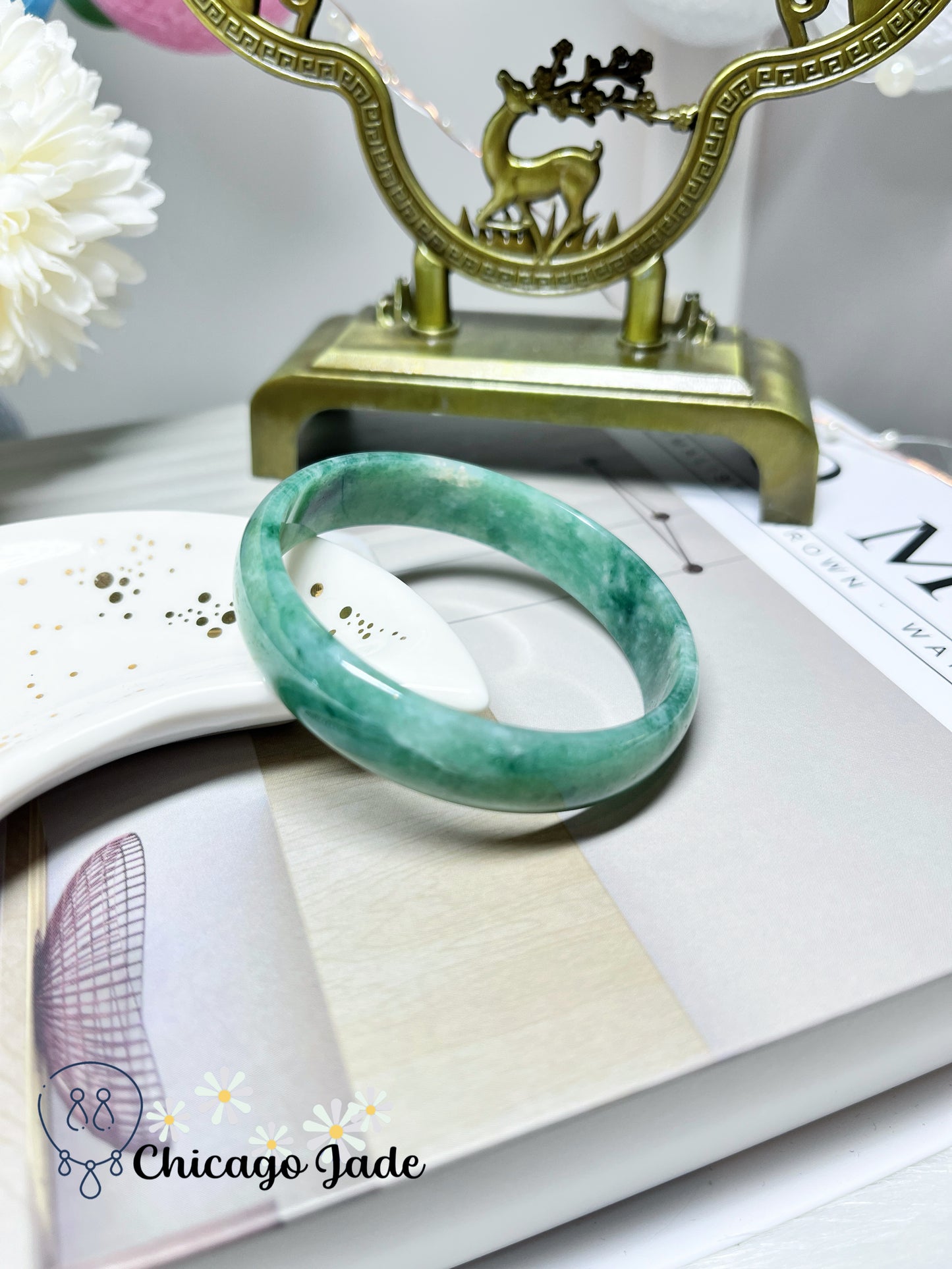 51.3mm Size XS Full Green with Darker Green Flower Flat Inside Dainty Princess Style Natural Jadeite Jade Feicui Bangle