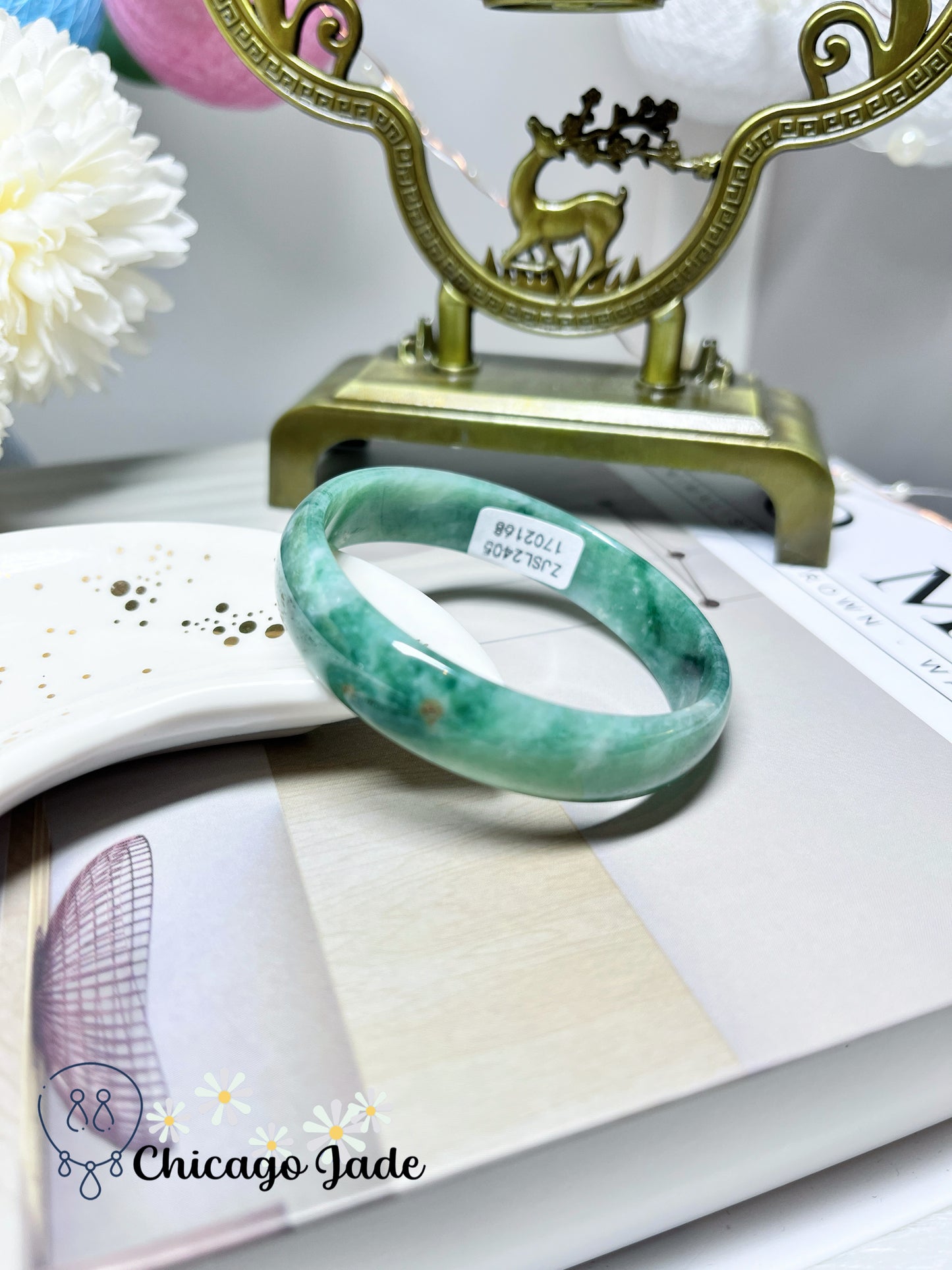 51.3mm Size XS Full Green with Darker Green Flower Flat Inside Dainty Princess Style Natural Jadeite Jade Feicui Bangle