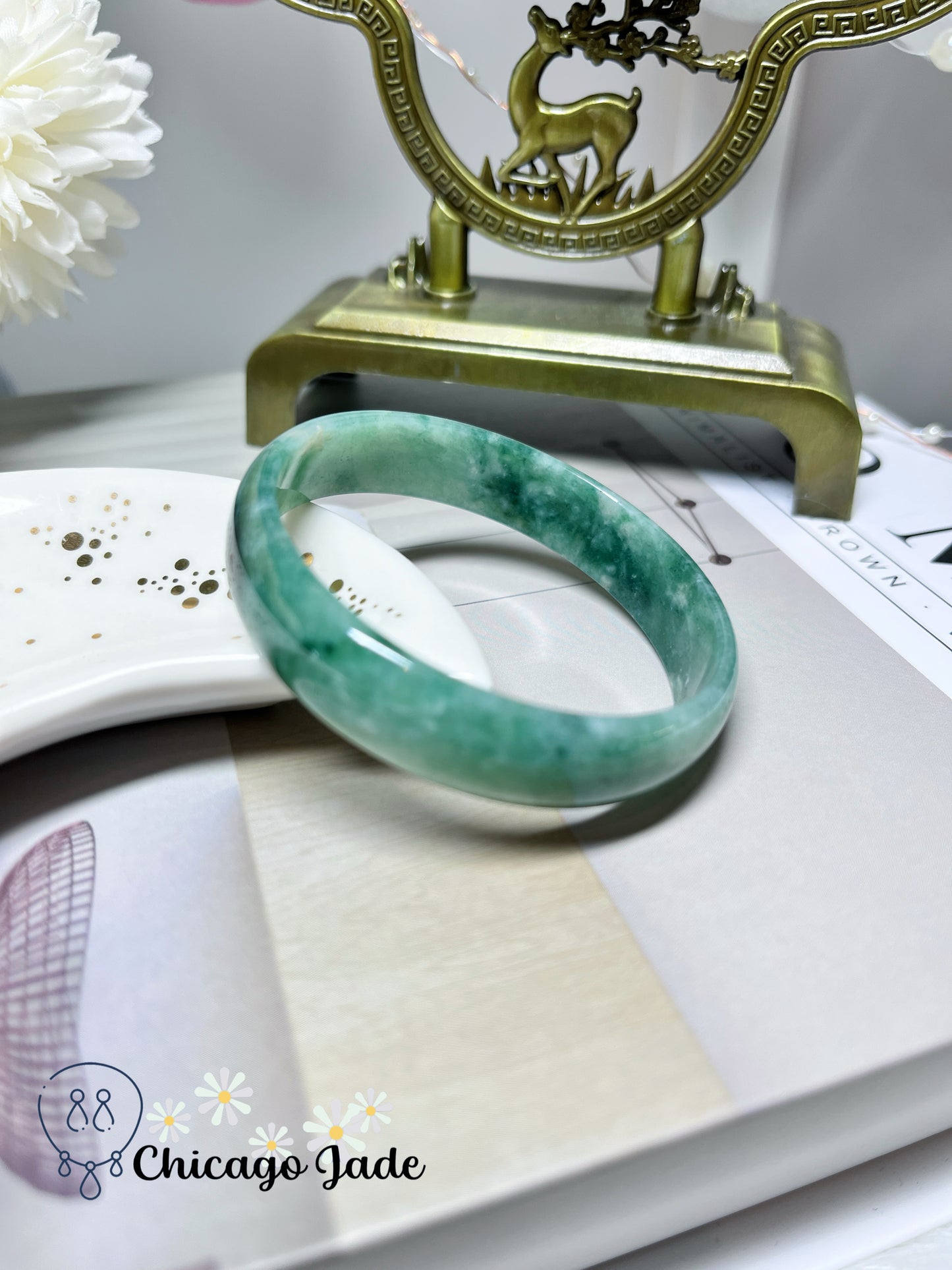 51.3mm Size XS Full Green with Darker Green Flower Flat Inside Dainty Princess Style Natural Jadeite Jade Feicui Bangle