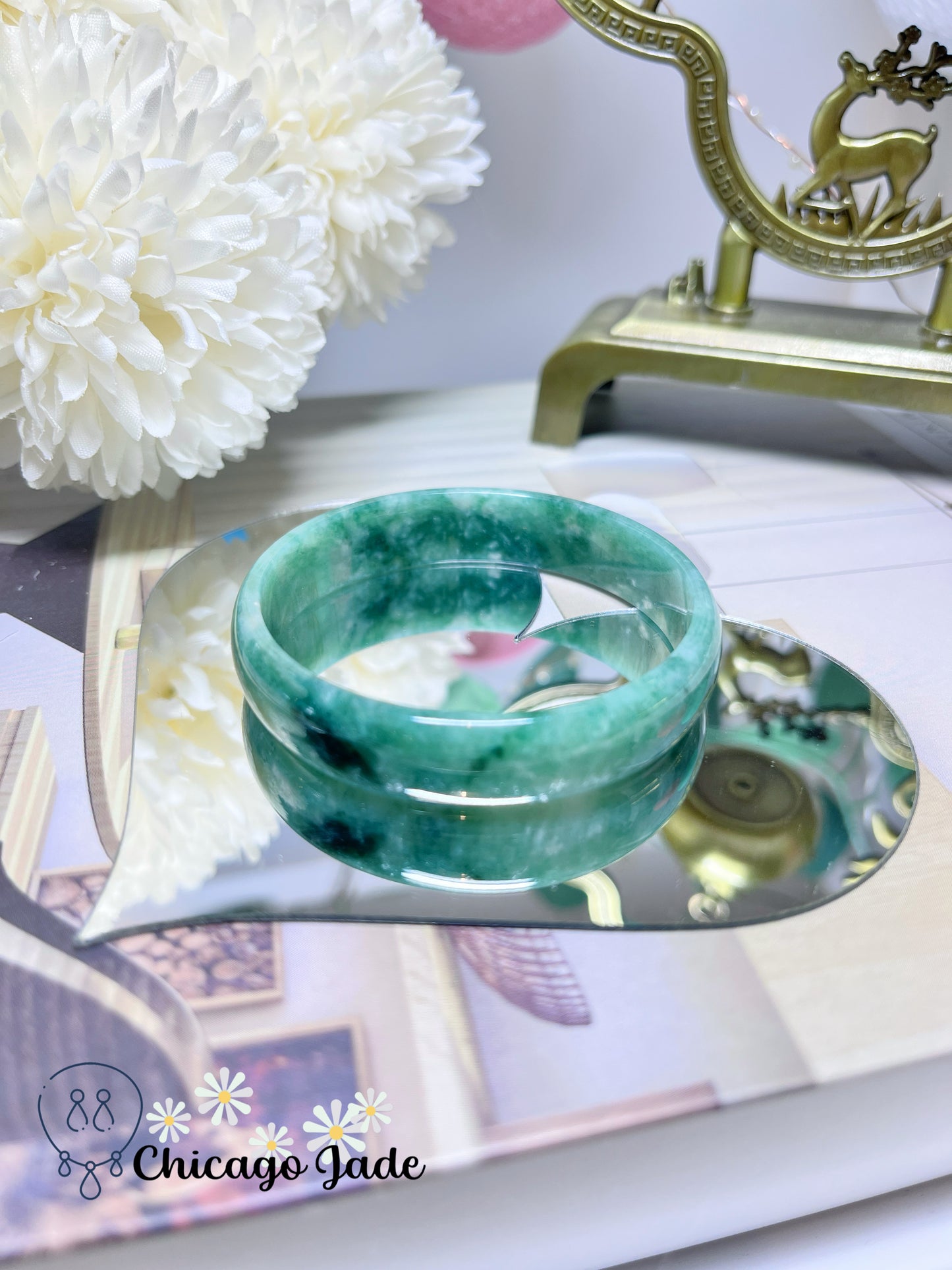 51.3mm Size XS Full Green with Darker Green Flower Flat Inside Dainty Princess Style Natural Jadeite Jade Feicui Bangle