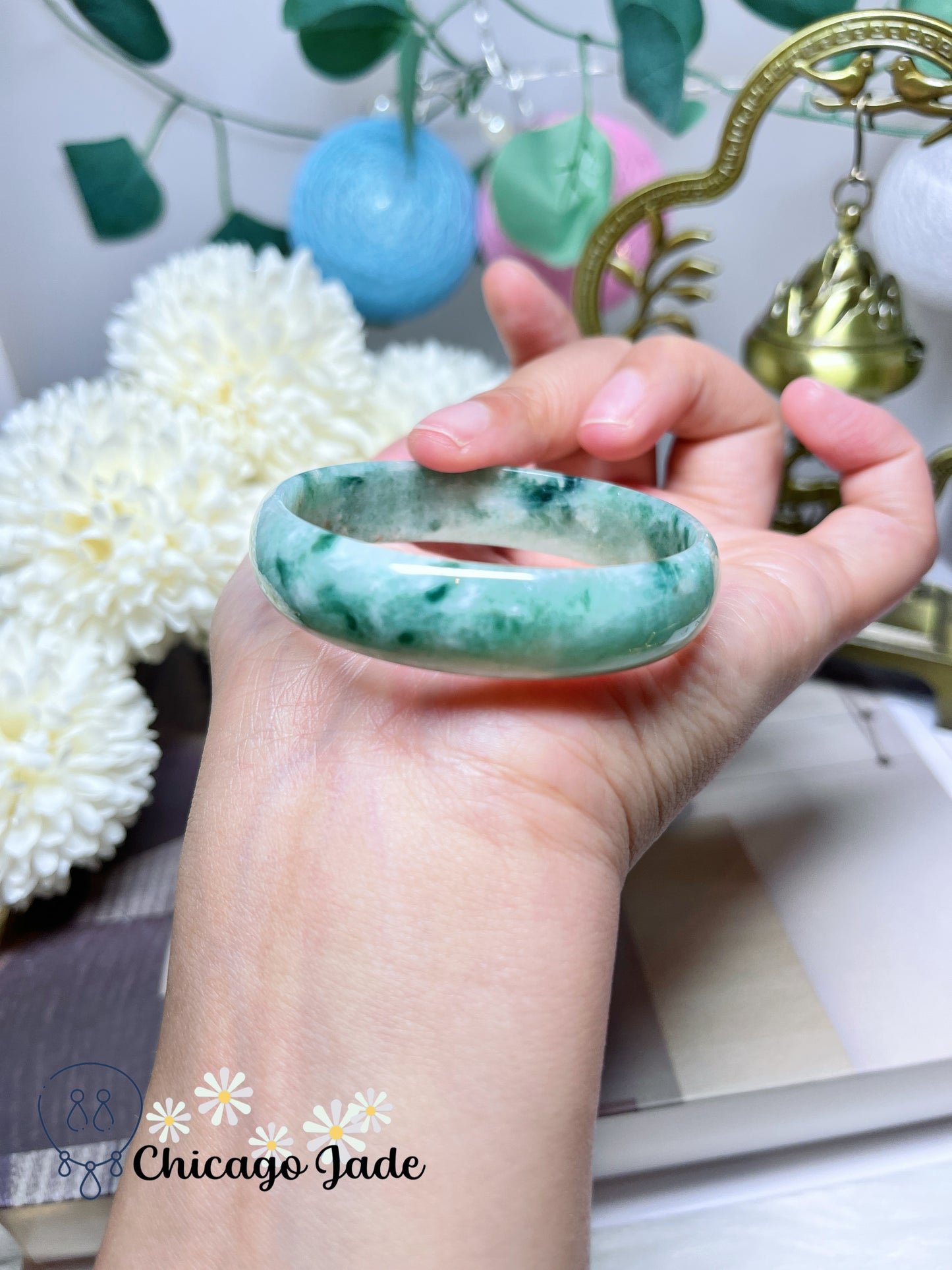 51.3mm Size XS Full Green Base with Darker Green Flowers Flat Inside Dainty Princess Style Natural Jadeite Jade Feicui Bangle