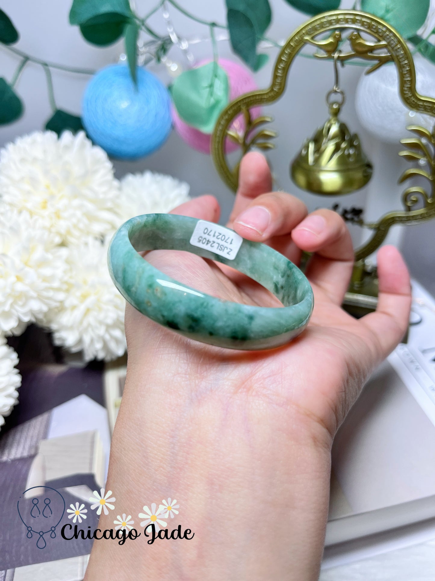 51.3mm Size XS Full Green Base with Darker Green Flowers Flat Inside Dainty Princess Style Natural Jadeite Jade Feicui Bangle