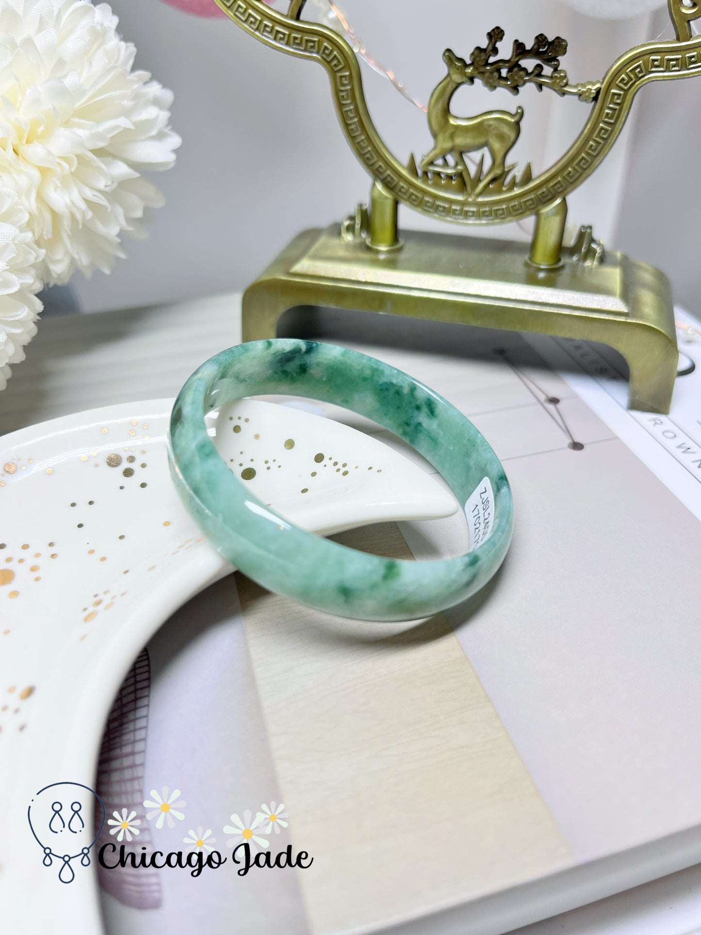 51.3mm Size XS Full Green Base with Darker Green Flowers Flat Inside Dainty Princess Style Natural Jadeite Jade Feicui Bangle