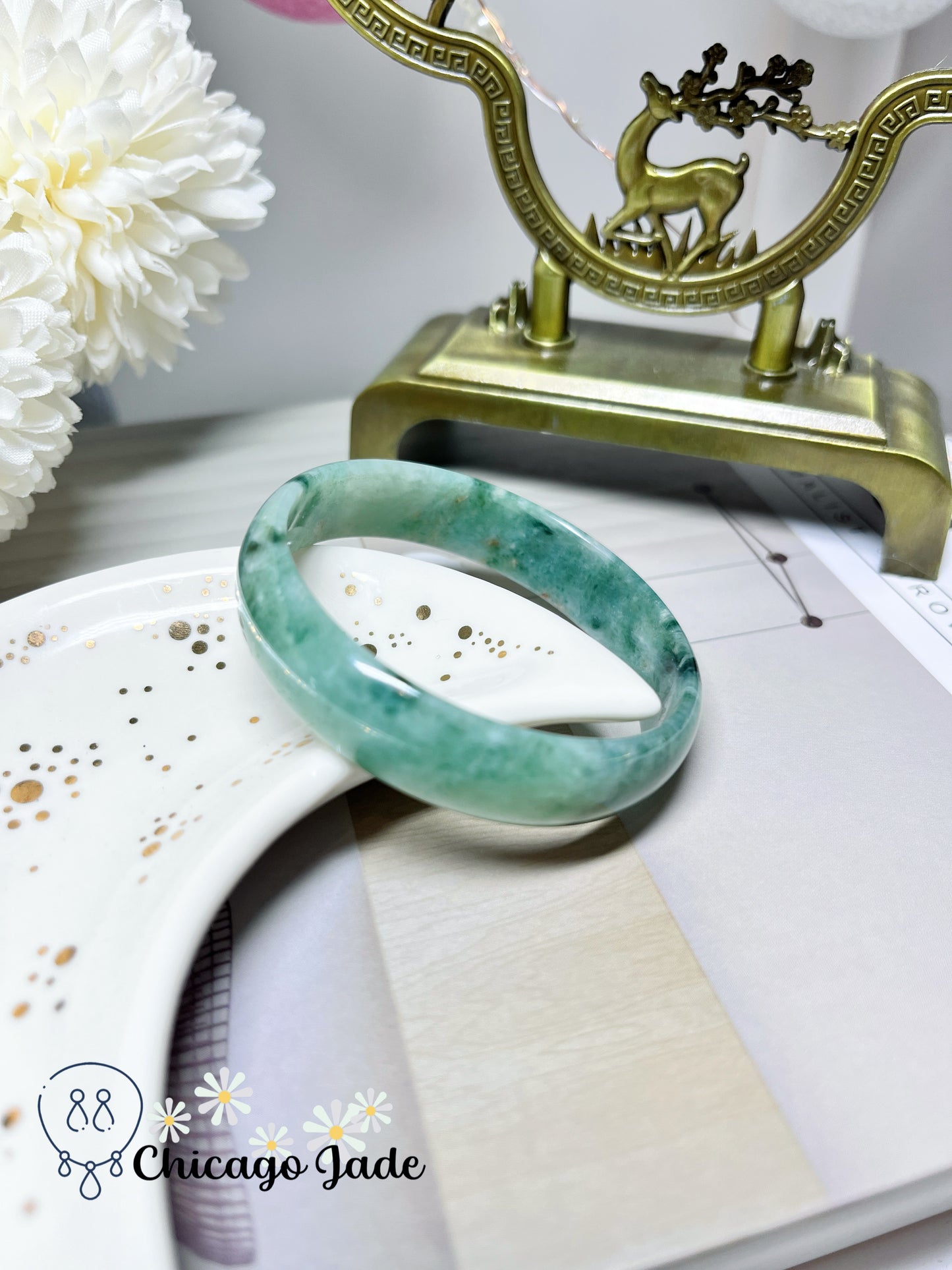 51.3mm Size XS Full Green Base with Darker Green Flowers Flat Inside Dainty Princess Style Natural Jadeite Jade Feicui Bangle