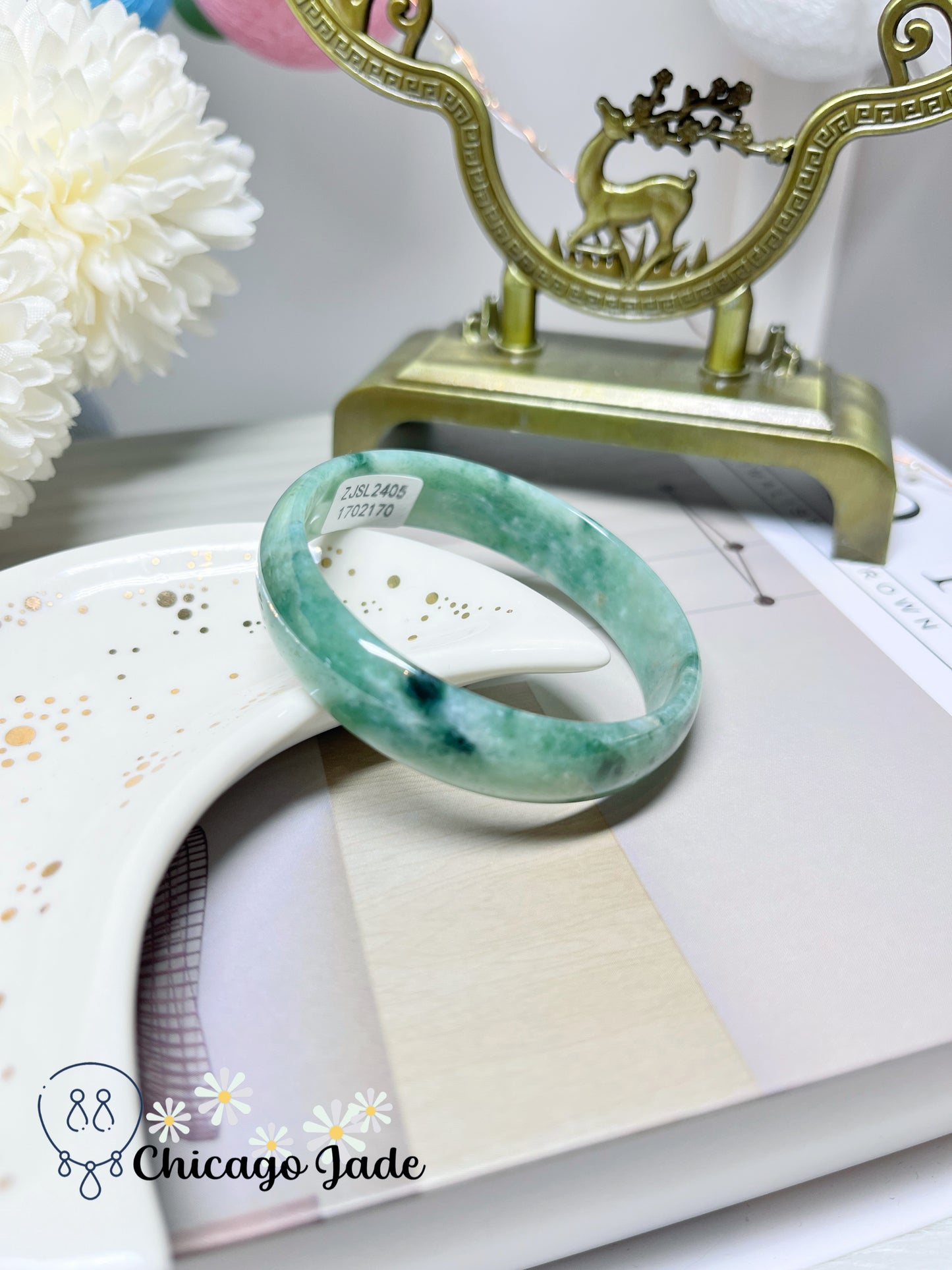 51.3mm Size XS Full Green Base with Darker Green Flowers Flat Inside Dainty Princess Style Natural Jadeite Jade Feicui Bangle