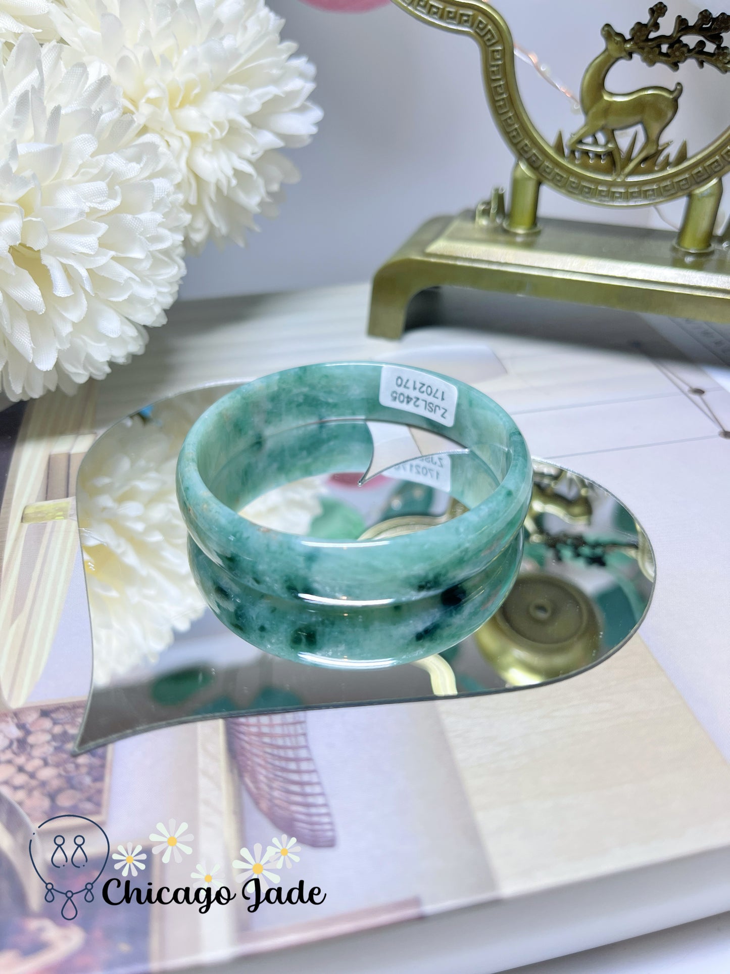 51.3mm Size XS Full Green Base with Darker Green Flowers Flat Inside Dainty Princess Style Natural Jadeite Jade Feicui Bangle