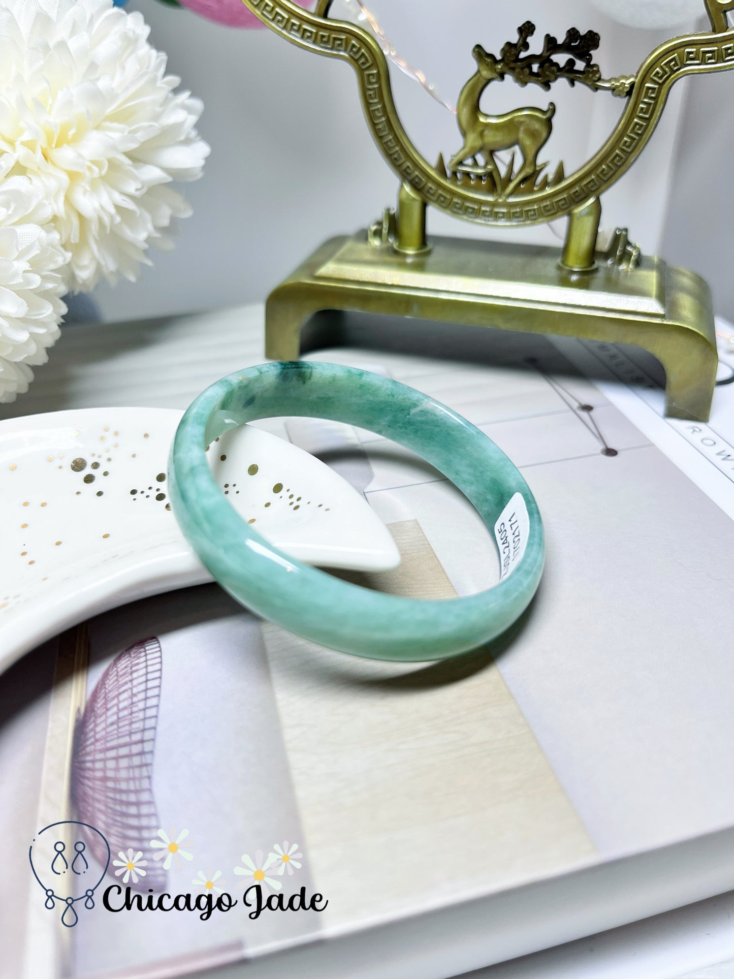 51mm Size XS Full Green with Darker Highlights Flat Inside Dainty Princess Style Natural Jadeite Jade Feicui Bangle Certified Burma