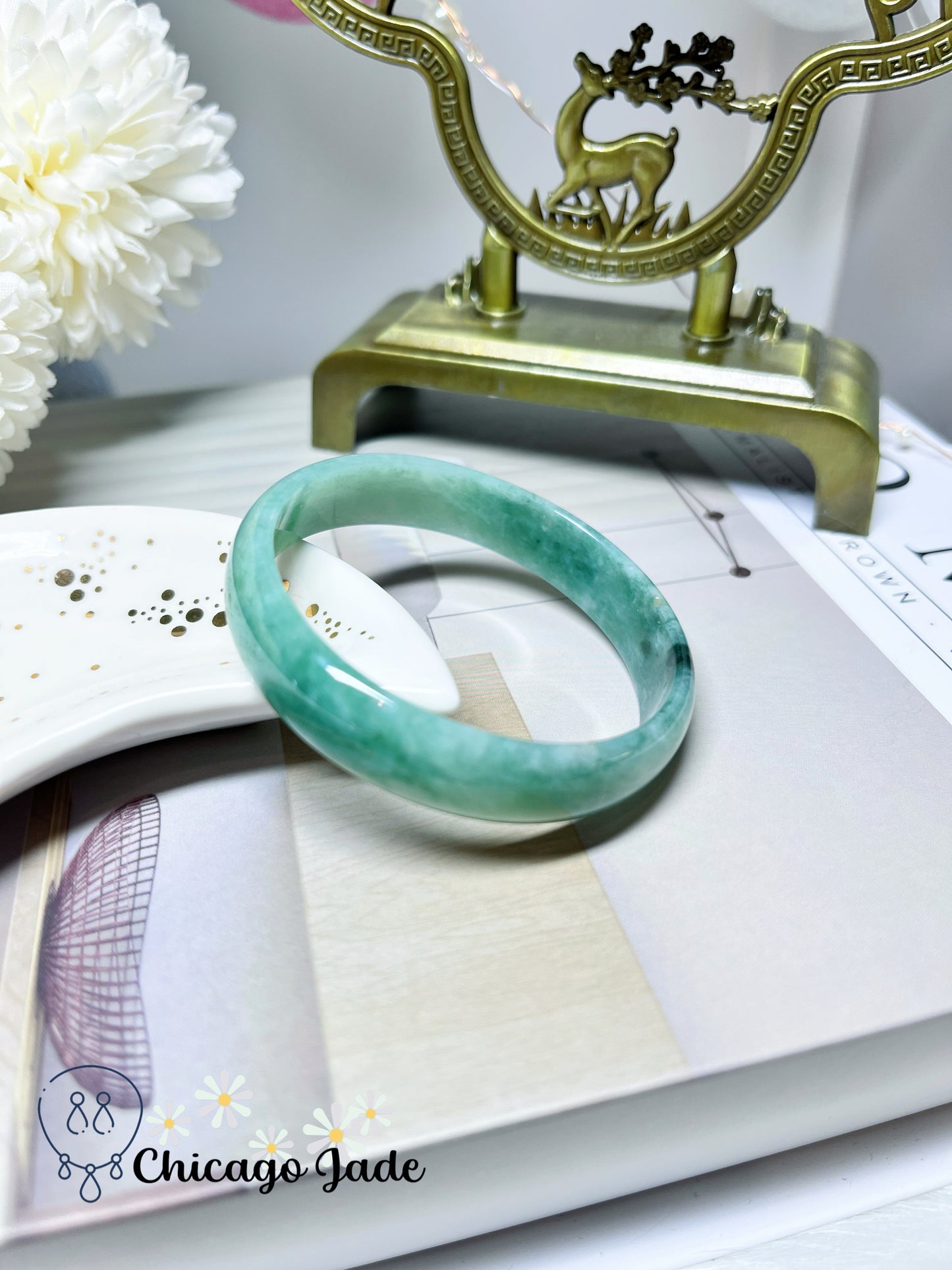 51mm Size XS Full Green with Darker Highlights Flat Inside Dainty Princess Style Natural Jadeite Jade Feicui Bangle Certified Burma