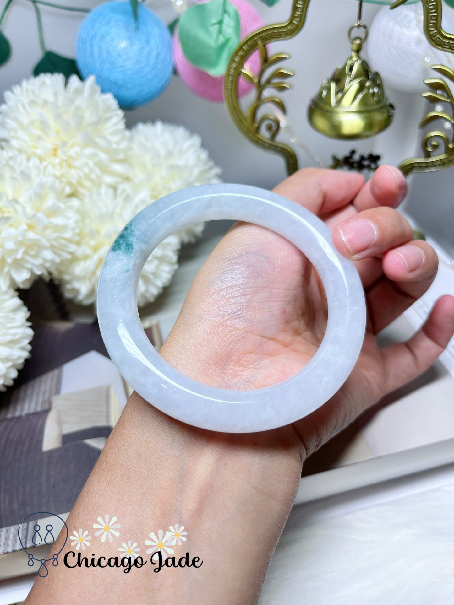 56.4mm Size M High Quality Icy Round Natural Jadeite Jade Feicui Bangle with Floating Green Certified Burma