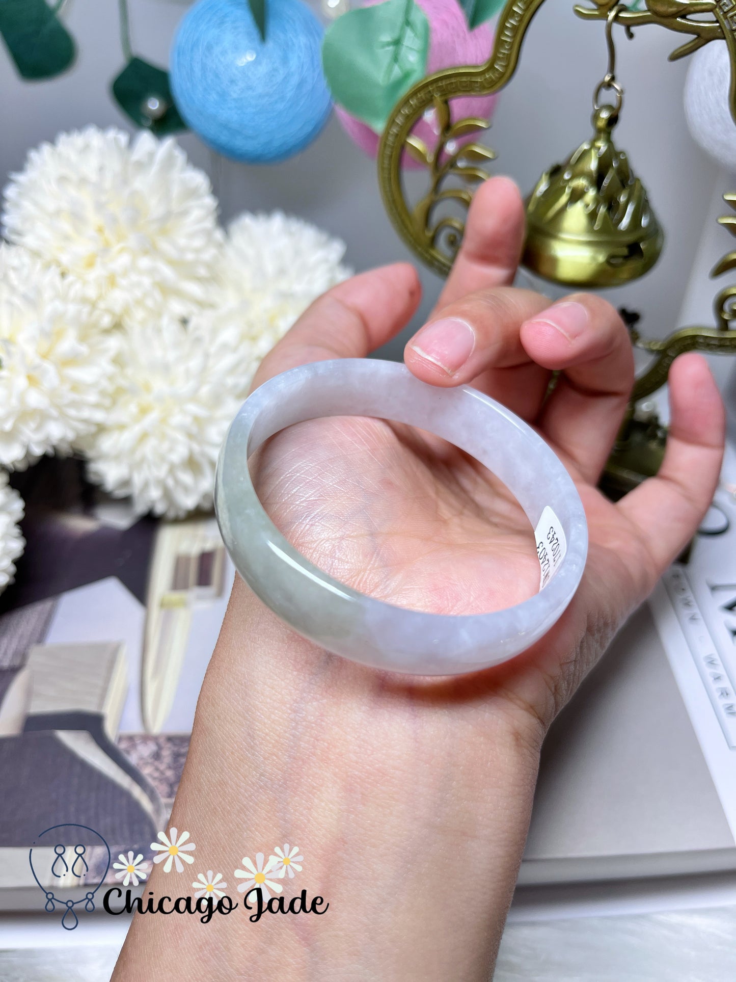 51.8mm Size XS Icy Moonlight White Flat Inside Dainty Princess Style Jadeite Jade Feicui Bangle with Yellow Color