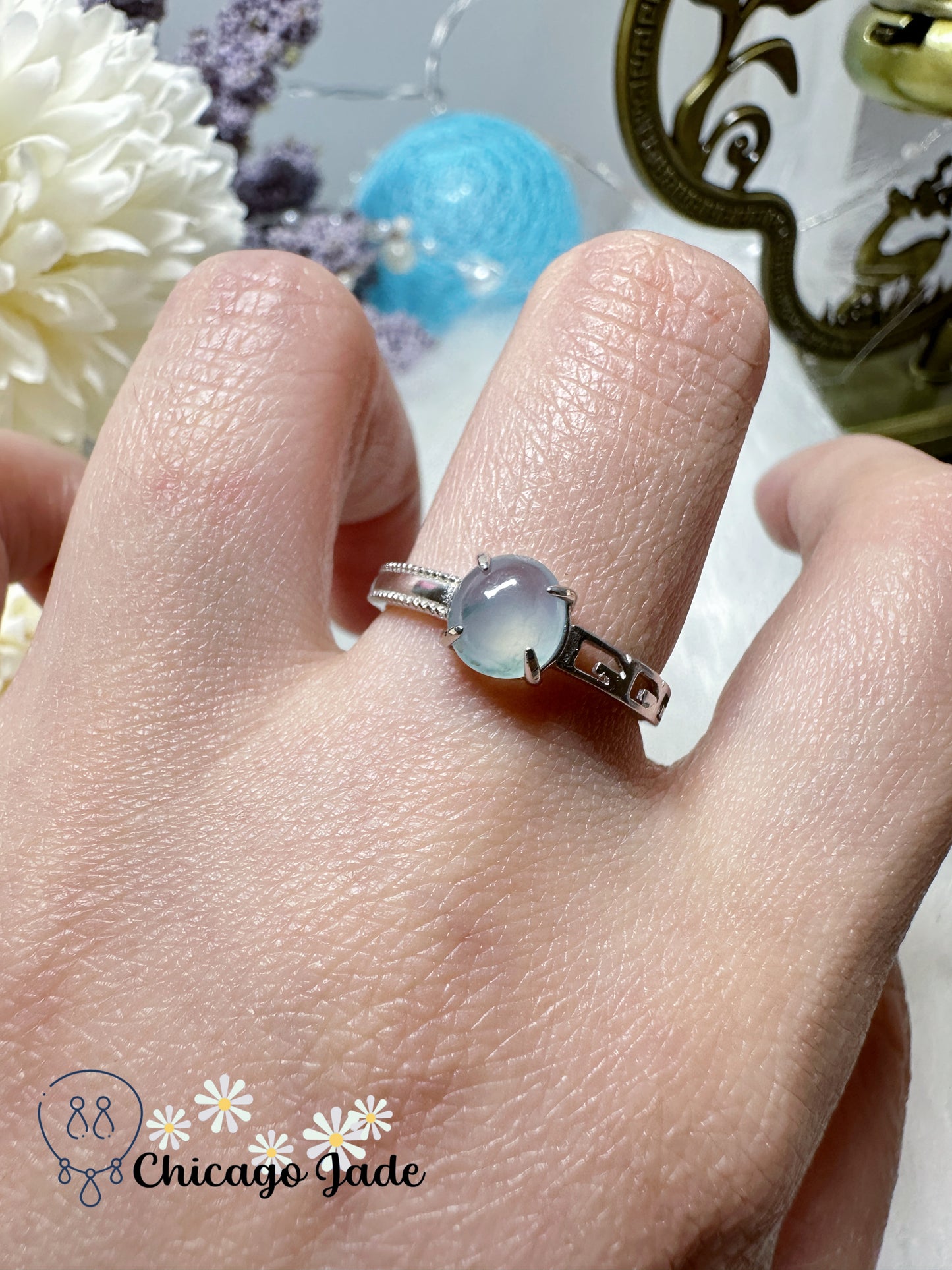 Translucent bright see through round jadeite jade feicui stone on sterling s925 silver ring adjustable certified