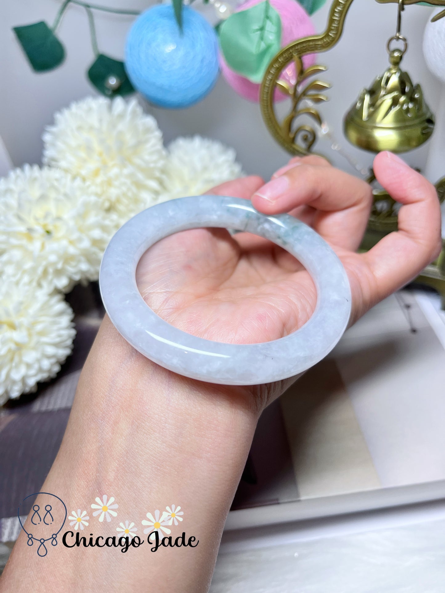 55.2mm Size S High Quality Icy Round Moonlight with Green Flower Jadeite Jade Feicui Bangle Burma Certified