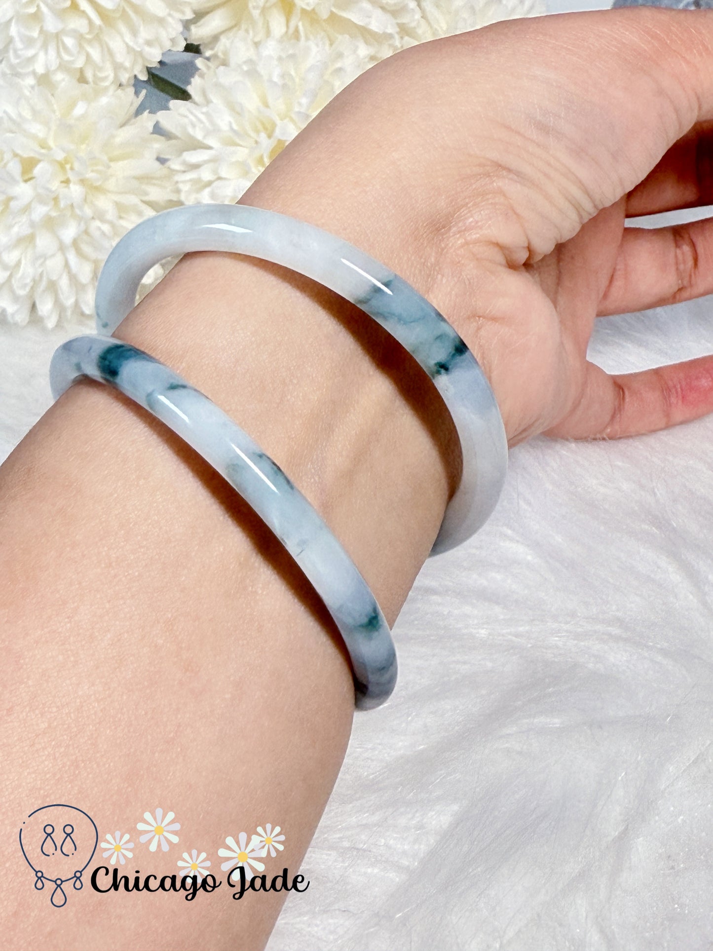 55.8mm Perfect Porcelain White Base with Blue Flowers Natural Untreated Type A Certified Burma Jadeite Jade Feicui Bangle Set of Two