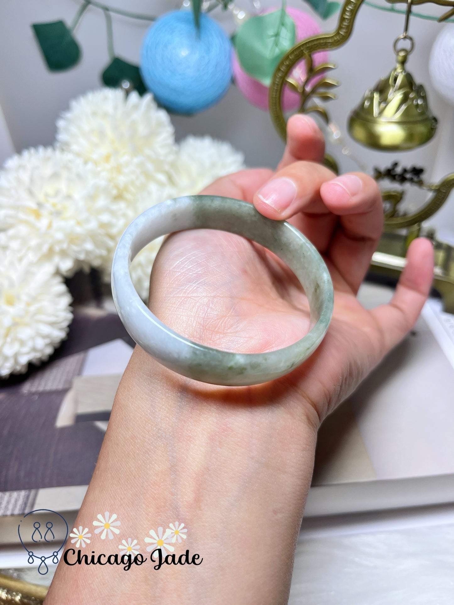 52mm Size XS Half Green Half Moonlight Icy Smooth Jadeite Jade Feicui Bangle Authentic Certified Burma