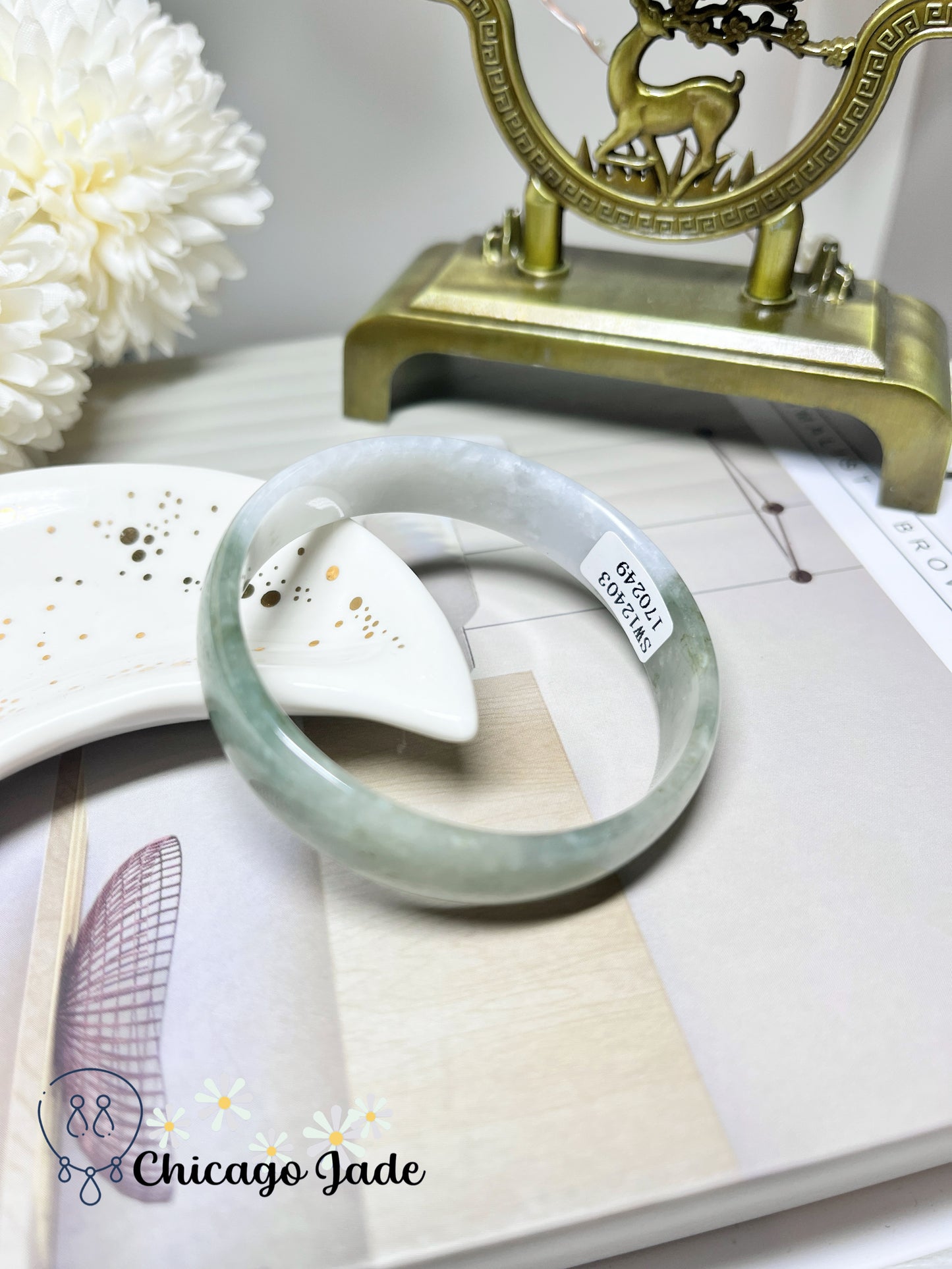 52mm Size XS Half Green Half Moonlight Icy Smooth Jadeite Jade Feicui Bangle Authentic Certified Burma