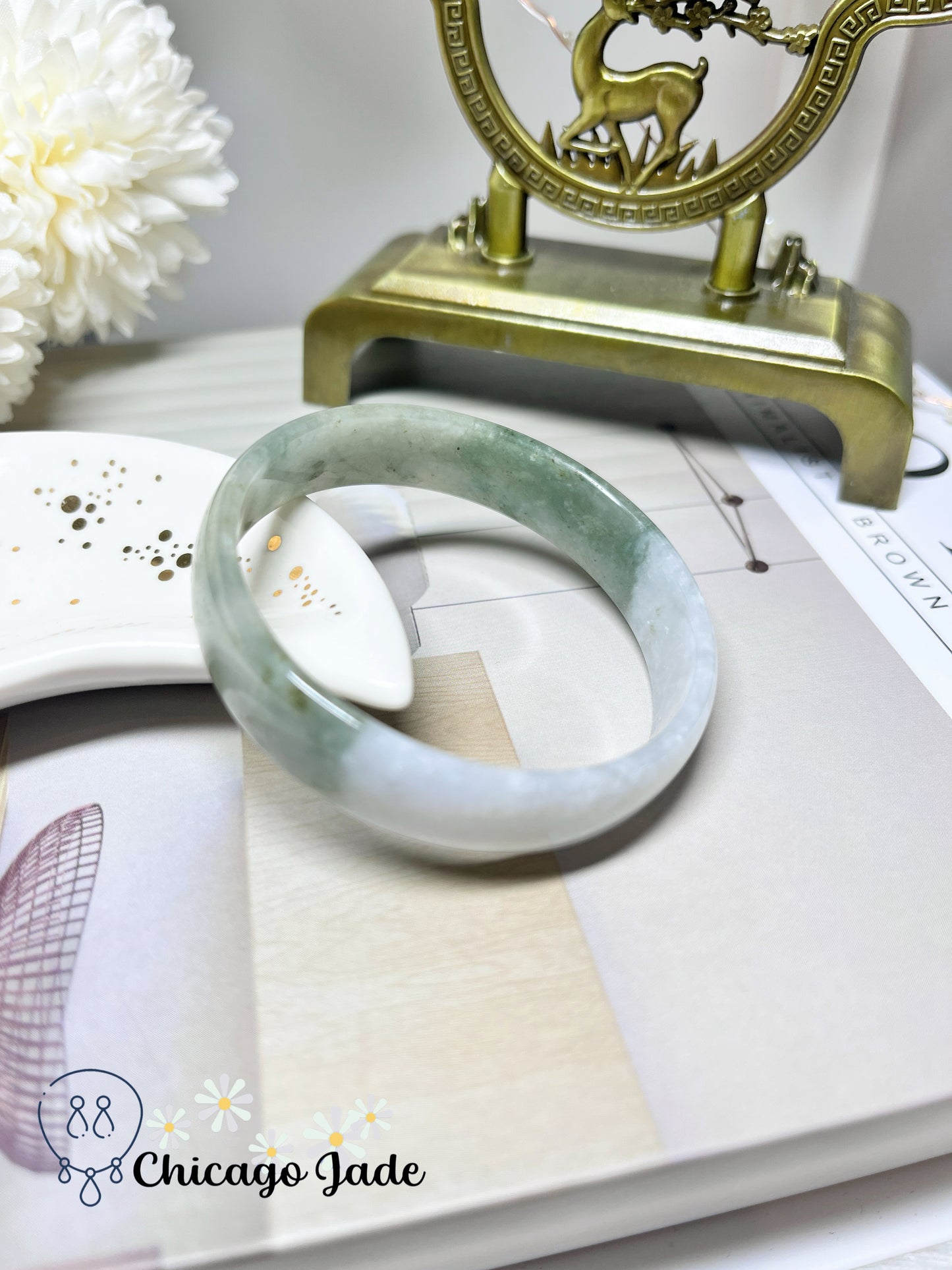 52mm Size XS Half Green Half Moonlight Icy Smooth Jadeite Jade Feicui Bangle Authentic Certified Burma