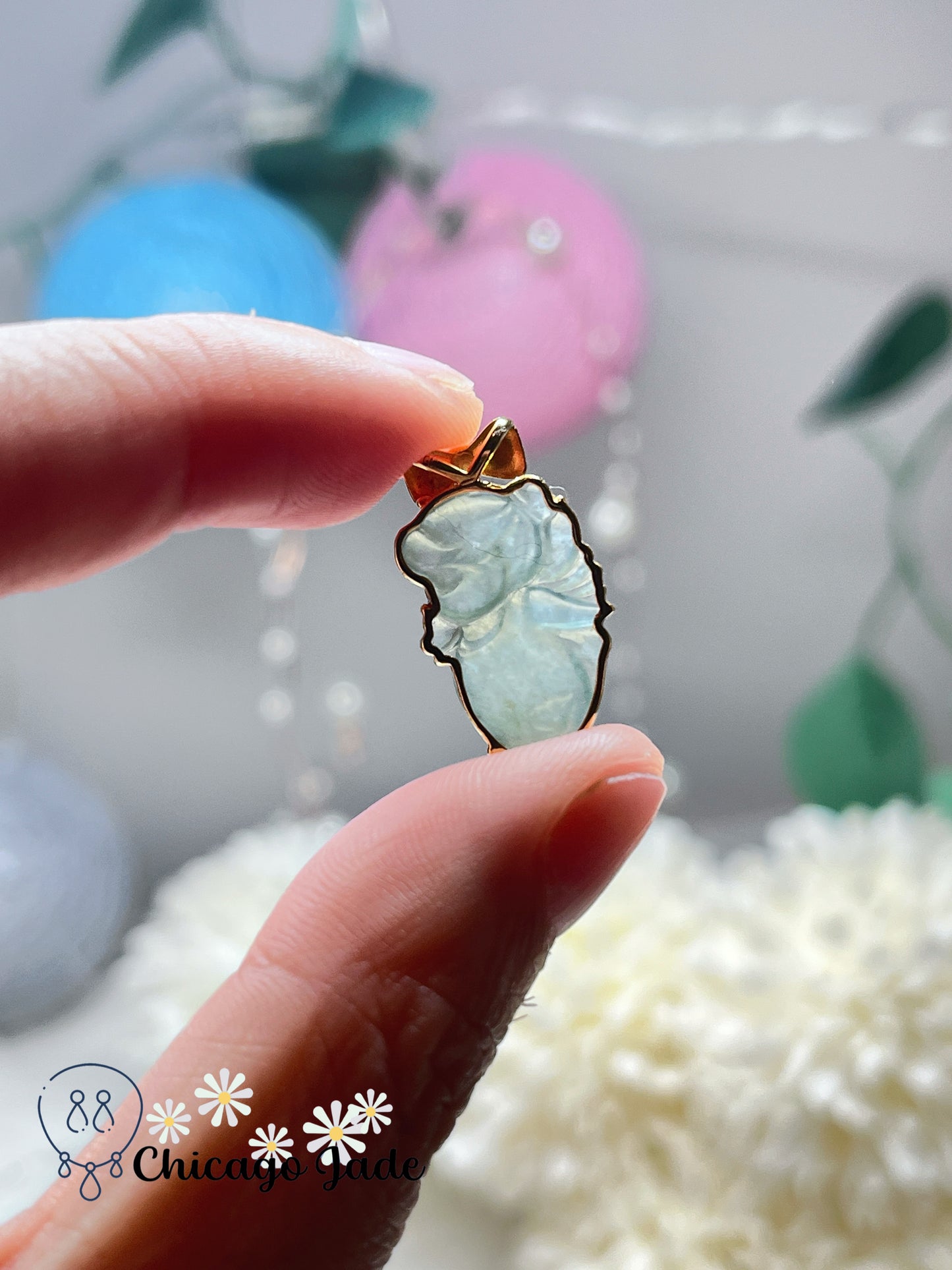 clear sage jadeite fairy pendant with 18k clasp