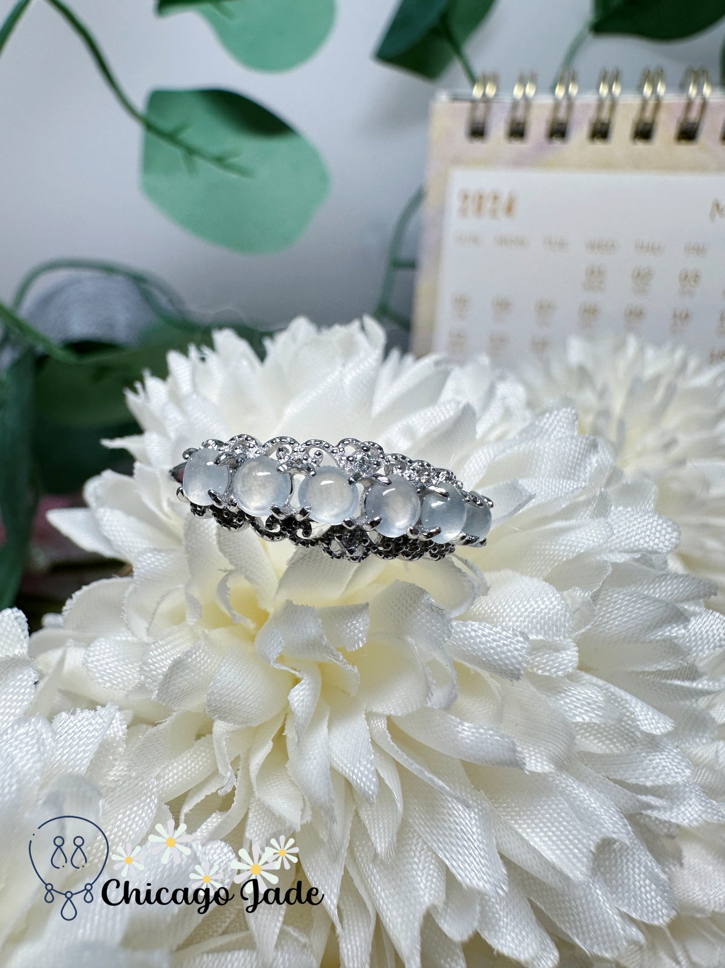 Eternity Ring Six Translucent Round Jadeite Jade Feicui Stone on Sterling Silver S925 Setting Adjustable Natural Grade A Certified Burma Gift for Her