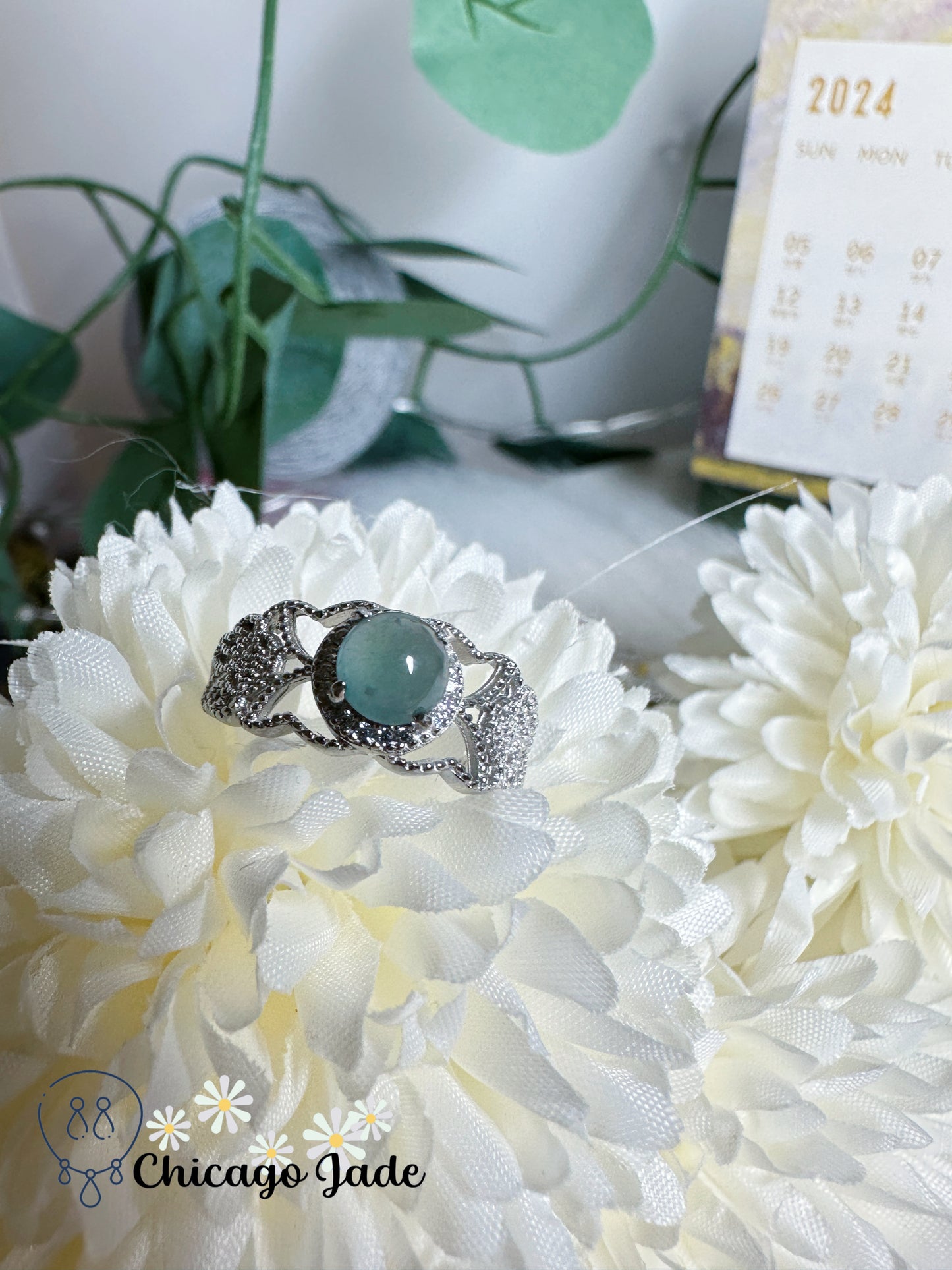 Ocean Blue Natural Certified Grade A Jadeite Jade Feicui Stone on Sterling S925 Silver Ring Setting Adjustable