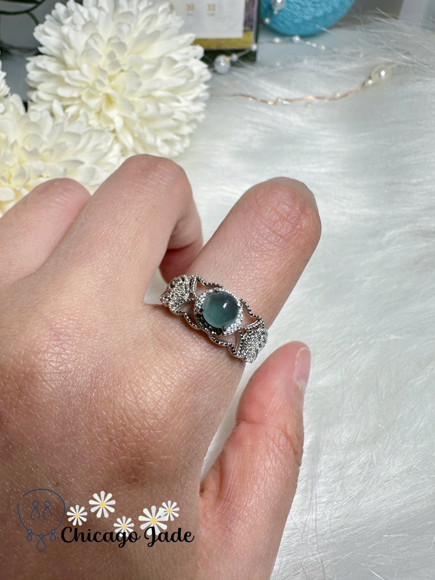 Ocean Blue Natural Certified Grade A Jadeite Jade Feicui Stone on Sterling S925 Silver Ring Setting Adjustable