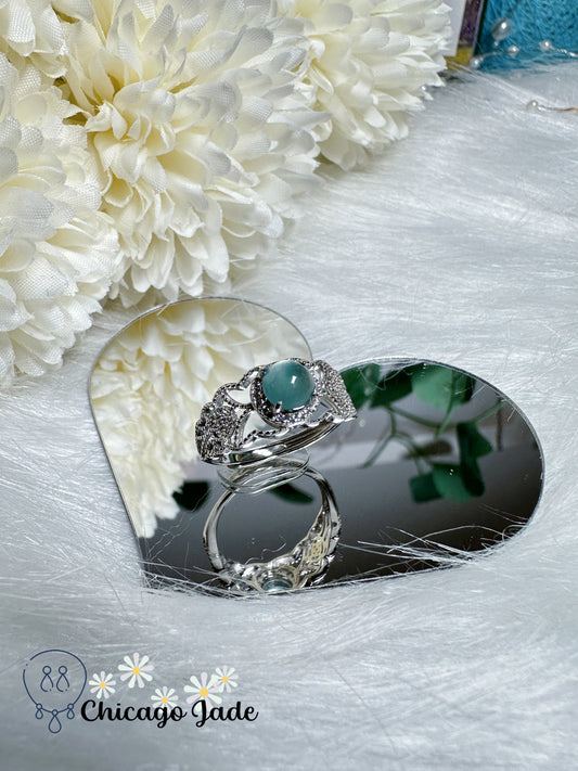 Ocean Blue Natural Certified Grade A Jadeite Jade Feicui Stone on Sterling S925 Silver Ring Setting Adjustable